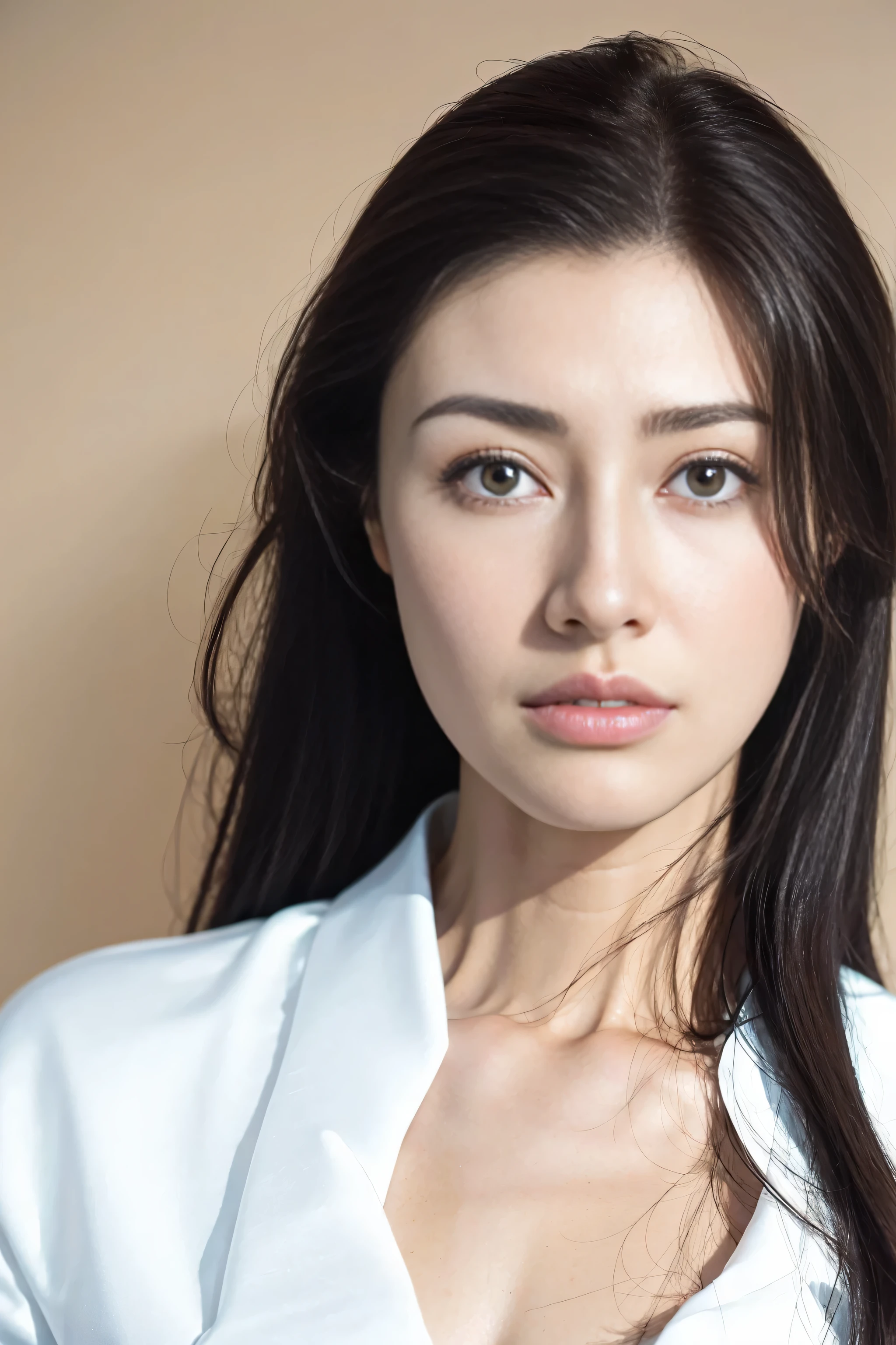 nice images, clear focus, perfect brown eyes, long hair, Home, Look head-on, full pose, wonderful faces.., It looks beautiful.., ((face close-up)),White casual wear, extra focus, Radiant face, Detailed face, 8K resolution,