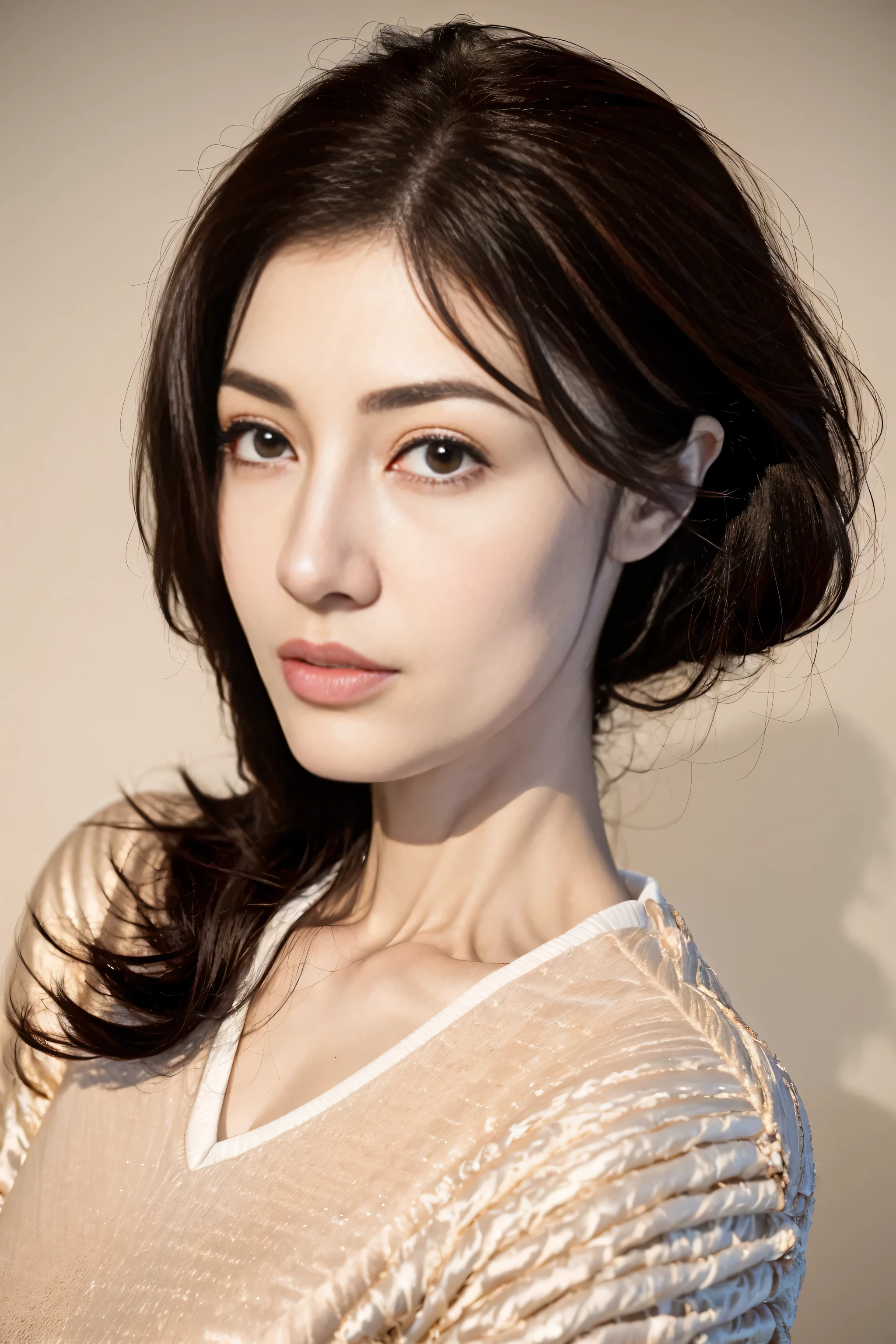 nice images, clear focus, perfect brown eyes, long hair, Home, Look head-on, full pose, wonderful faces.., It looks beautiful.., ((face close-up)),White casual wear, extra focus, Radiant face, Detailed face, 8K resolution,