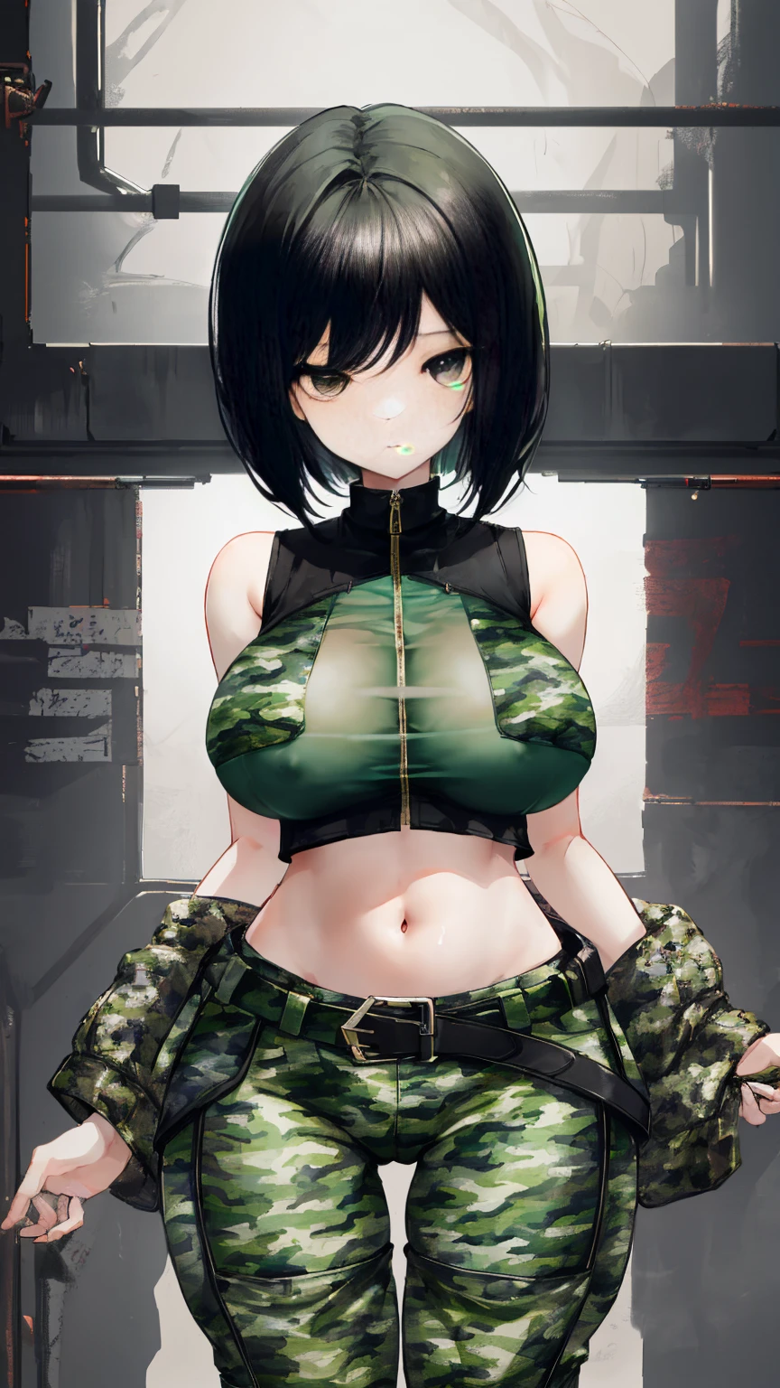 Sexy instructor,She is twenty-seven or eighty,Height 1.7 meters,have(Short black hair:1.6),Beautiful appearance,Skin appears healthy wheat color。Beautiful officer with devilish figure,High cleavage,In the upper body(Dark green tight transparent vest:1.3)Under the background.,(The slender and straight legs of the lower body are quilted(camouflage pants:1.2)Wrapped), A belt is tied around the slender and soft waist.,This highlights the towering chest even more。Naked of breast,(see through clothing:1.2),anatomically correct,(Conspicuous nipples)