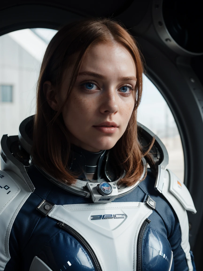 photo of a redheaded woman, in space, futuristic spacesuit, (freckles:0.8) cute face, Sci-fi, dystopian, detailedeyes, blue colored eyes
