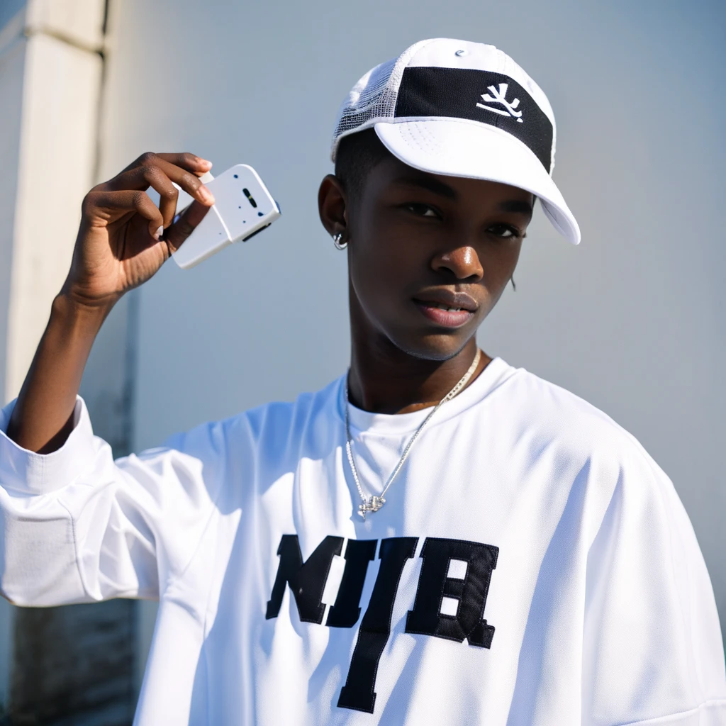 arafed man wearing a white shirt and a white hat, outlive streetwear collection, sun behind him, trending on r/streetwear, streetwear fashion, black teenage boy, dark skinned, white and black clothing, heron preston, dark-skinned, casual streetwear, streetwear, bladee from drain gang, photo in style of tyler mitchell, demobaza, detailed white