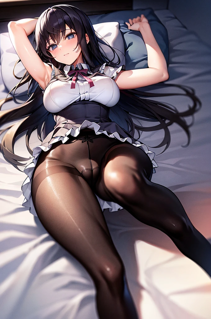 (SFW:1.5), Lying, bed, Open crotch, Dettol, Spread legs, show armpit, Downge-out, large breasts, (masterpiece), can wear skirt or shorts, long stockings or pantyhose, large breasts, clothed, 