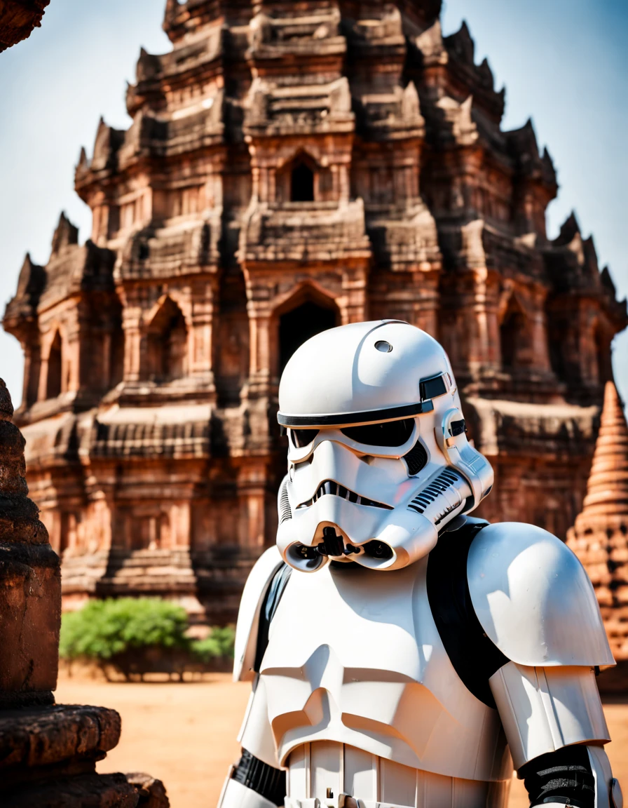 raw photo, tilt shift, sci-fi, stormtrooper, [bold contrasts],  sharp focus, Bagan ancient temple background