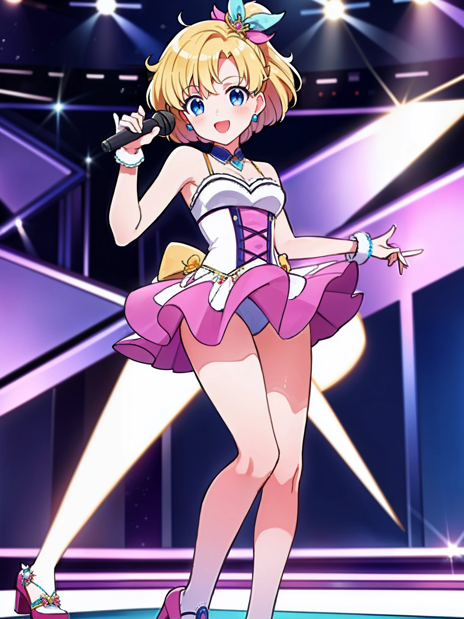 highest quality,best image quality,4K HD wallpapers,idol girl(environment),Stage costumes,Standing on a stage,have a microphone,(full body esbian:1.7)