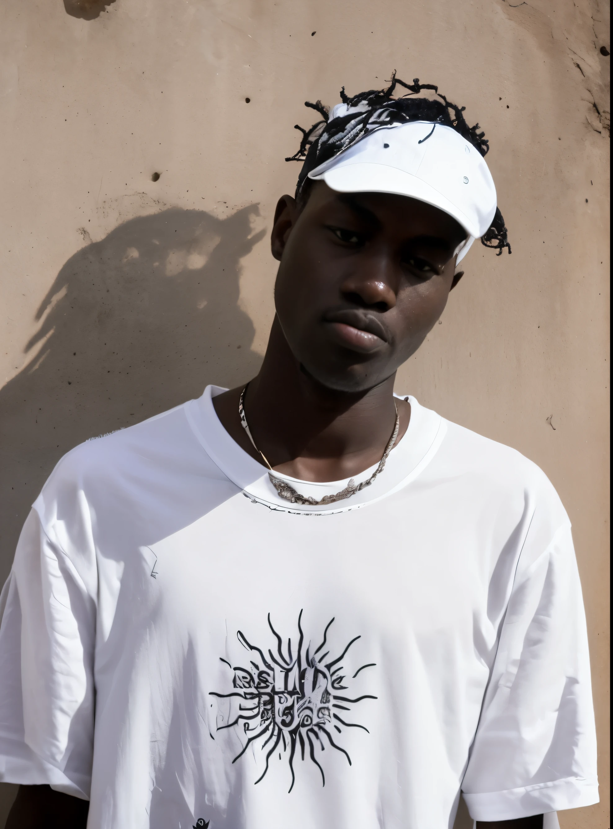 arafed man in a white shirt and a cap standing in front of a wall, adut akech, bladee from drain gang, album art, black teenage boy, sun behind him, chambliss giobbi, taken in the early 2020s, style of seb mckinnon, dark skinned, riyahd cassiem, brown skinned