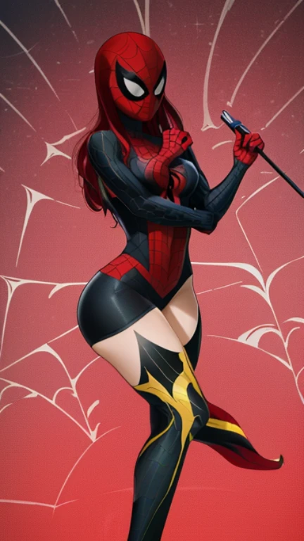 (obra de arte), (melhor qualidade), high resolution, Kei1, 1 garota, Sozinho, olhos azuis, Cabelo longo, (((wears detailed black female Spider-Man costume without mask)))), fita em forma de teia de aranha, franja, Cabelo longo and price, clavicle, cabelo grisalho, faixa de cabelo preto, neck ribbon, cabelo entre os olhos, Medium sized breasts, tiro de vaqueiro, sorriso, ((Anatomically correct detailed body with error-free detailed hands)),  ((Ela tem pose de batalha)), (She&#39;s shooting cobwebs like Spider-Man, mas com gelo afiado), (Detailed full scenario) just with the mask on my face covering my eyes 