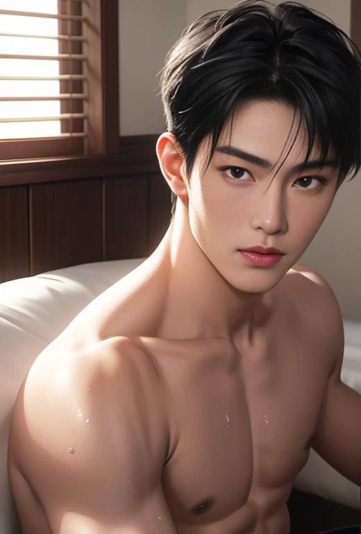 High quality, masterpiece, highly detailed, 8k, perfect face, perfect body, realistic, photo realistic, man, Asian, black hair, short hair, handsome, detailed eyes, beautiful detailed nose, realistic body, realistic light, comfortable expressions, cute guy, sweat guy, cool guy, abs sixpack, model style, full body, clean skin, naked