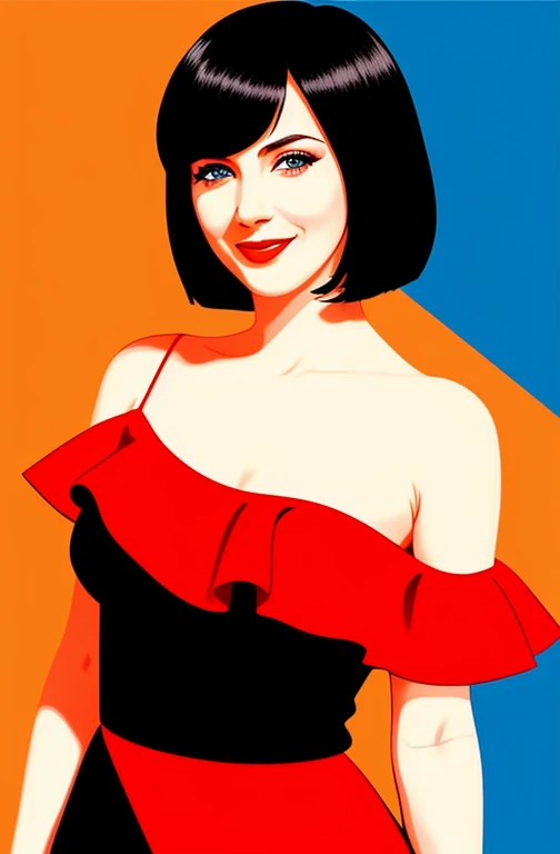 A Female with Black Bob Cut, Blue Eyes, Red Lips, Bare Shoulders, flamenco dress, orange ruffle off the shoulder top, black maxi dress, smile, graffiti art, flat illustration style, minimalist, red background. 1 girl, solo, rotoscope