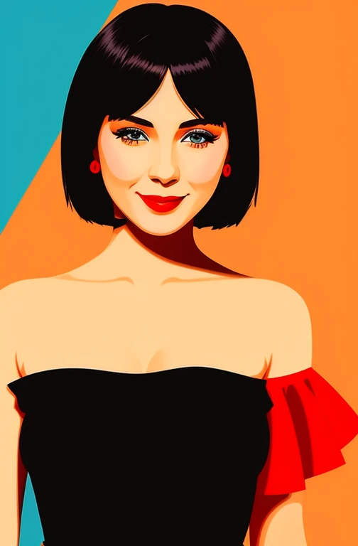 A Female with Black Bob Cut, Blue Eyes, Red Lips, Bare Shoulders, flamenco dress, orange ruffle off the shoulder top, black maxi dress, smile, graffiti art, flat illustration style, minimalist, red background. 1 girl, solo, rotoscope