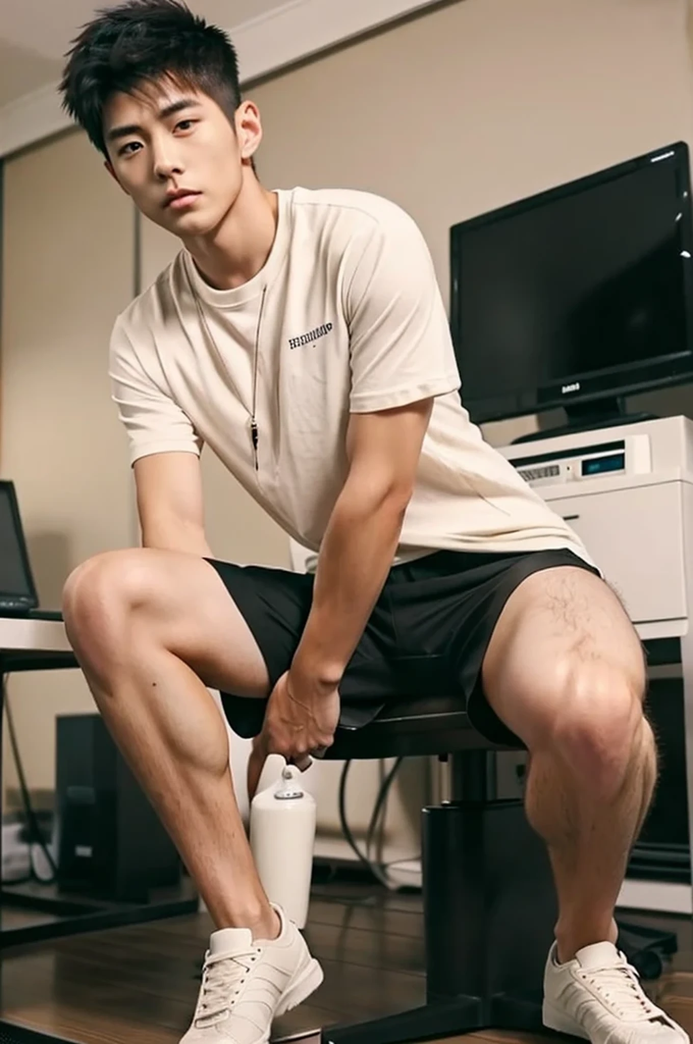  (((hairy legs))), ((super sharp focus)),toned legs, whole body, two block, messy shortt hair, long legs, Japan Male, 27 years old, wearing beige shorts, wearing a black T-shirt, very short hair, black hair, sitting and using a computer, Get ready to pull down your pants and trousers