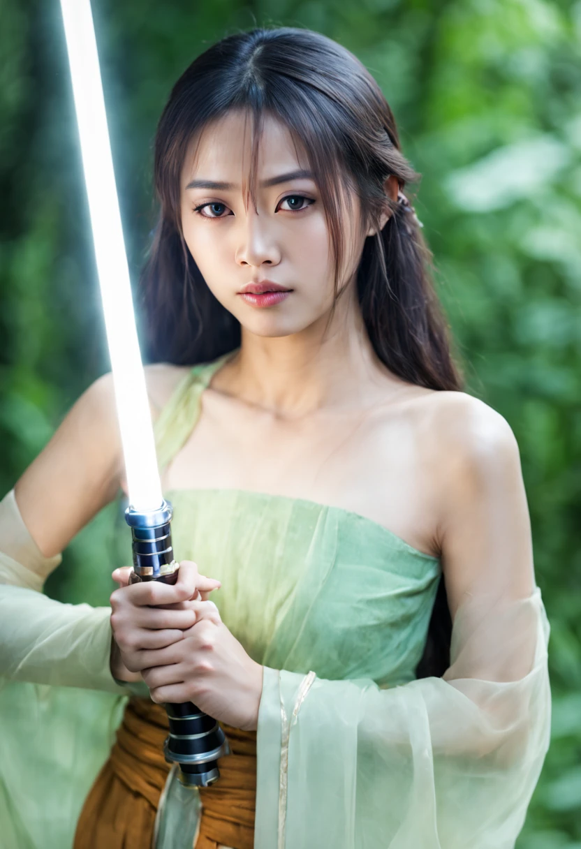 A photo of burmese woman,looking at viewer,holding a lightsaber, jedi robes, burmese traditional dress, 8k,high quality,Star Wars,