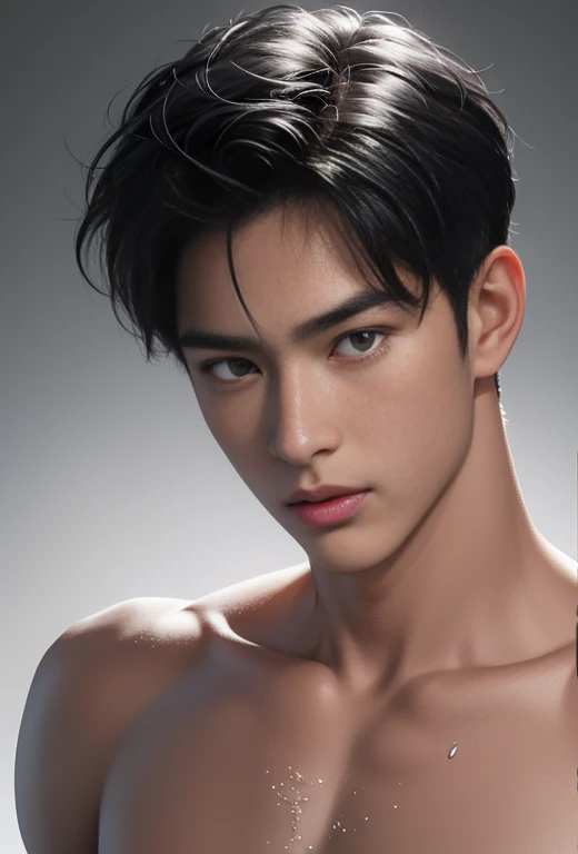 High quality, masterpiece, highly detailed, 8k, perfect face, perfect body, realistic, photo realistic, man, Asian, black hair, short hair, handsome, detailed eyes, beautiful detailed nose, realistic body, realistic light, comfortable expressions, cute guy, sweat guy, cool guy, abs sixpack, model style, full body, clean skin, naked