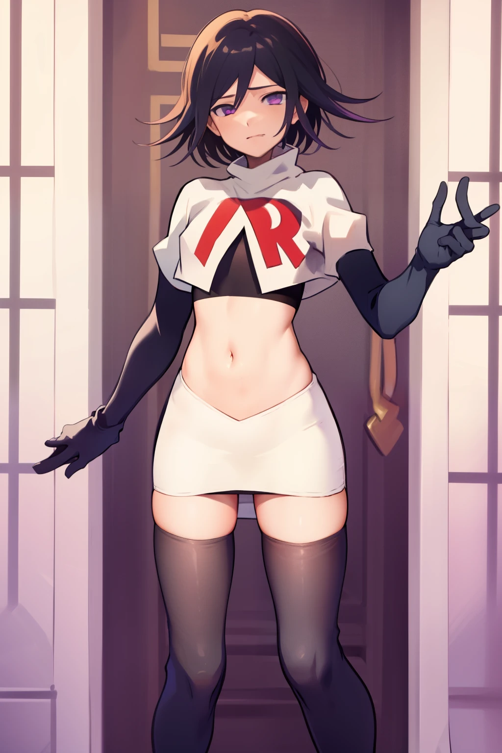 absurdres,(masterpiece, best quality:1.2), cowboy shot, solo, male focus, trap, 1boy, crossdressing,1boy, oma kokichi, team rocket,team rocket uniform,white skirt,red letter R,crop top,black thigh-highs,black elbow gloves,