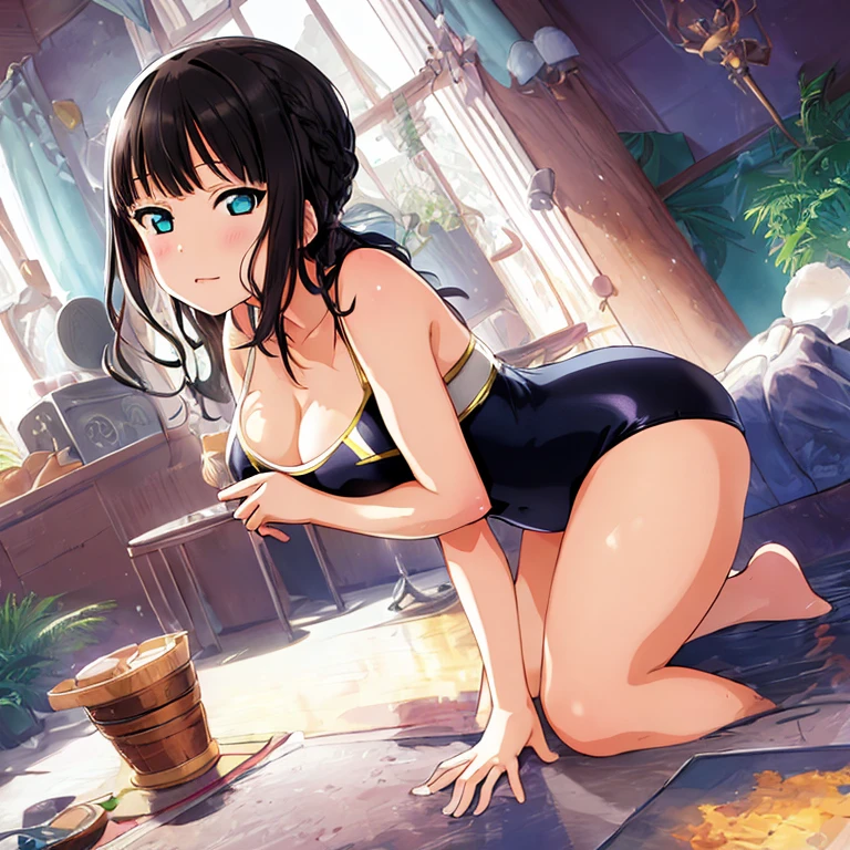 best quality, very aesthetic, Super detailed, best illustration, 1girl, おっぱい, black_hair, one-piece swimsuit