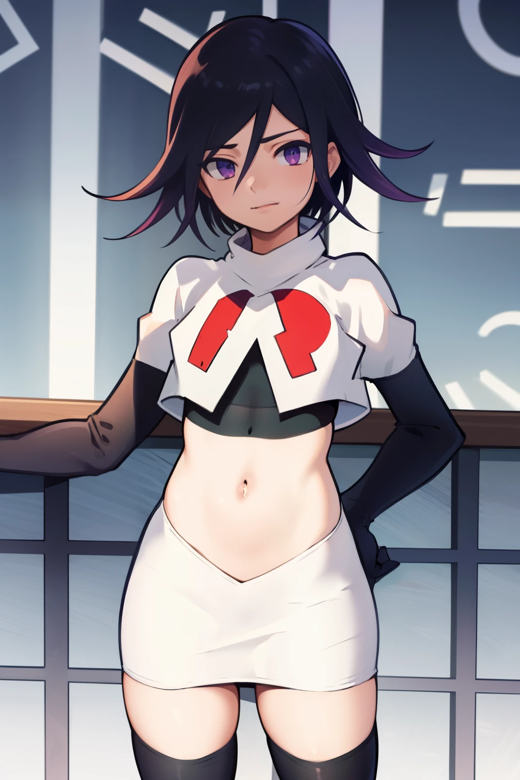 absurdres,(masterpiece, best quality:1.2), cowboy shot, solo, male focus, trap, 1boy, crossdressing,1boy, oma kokichi, team rocket,team rocket uniform,white skirt,red letter R,crop top,black thigh-highs,black elbow gloves,