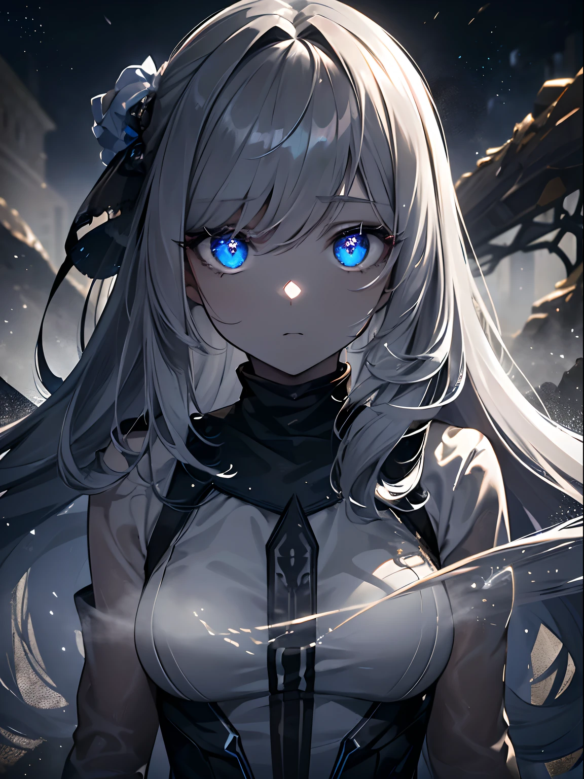 (masterpiece,best quality,Super detailed),1 girl, glowing eyes,long hair,(((dust monster girl))),Beautiful and detailed face, delicate eyes,night,Dust particles in the air,((gray theme)),((((dust theme)))),