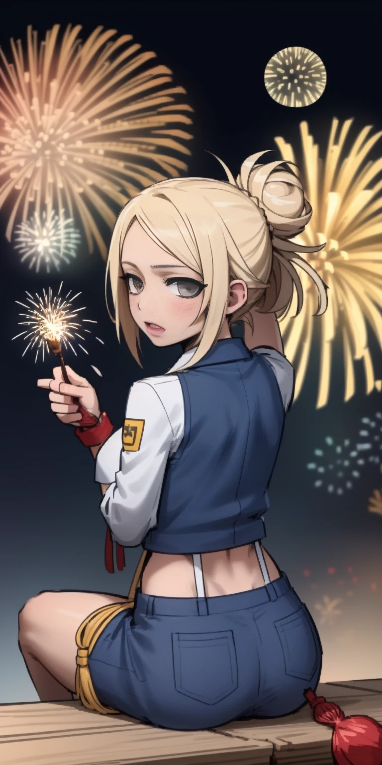 (((masterpiece))), (1girl:1.5), hyper detailed, highres, ((best quality)), (extremely delicate and beautiful), {8k cg wallpaper}, illustration, (blush), (braided ponytail | ponytail | hairbun), (extremely detailed background:1.6), (very long black hair|blonde hair), detailed face, night, festival, (kimono:0.7), outdoors, lantern, (fireworks:1.4), paper lantern, snow, wind, snowflakes, hair ornament, open eyes (blind really white eyes), (from behind:1.3), sitting, river, riverbank, starry sky, (holding hands:0.6), leaning on person, pointing, on heaven
