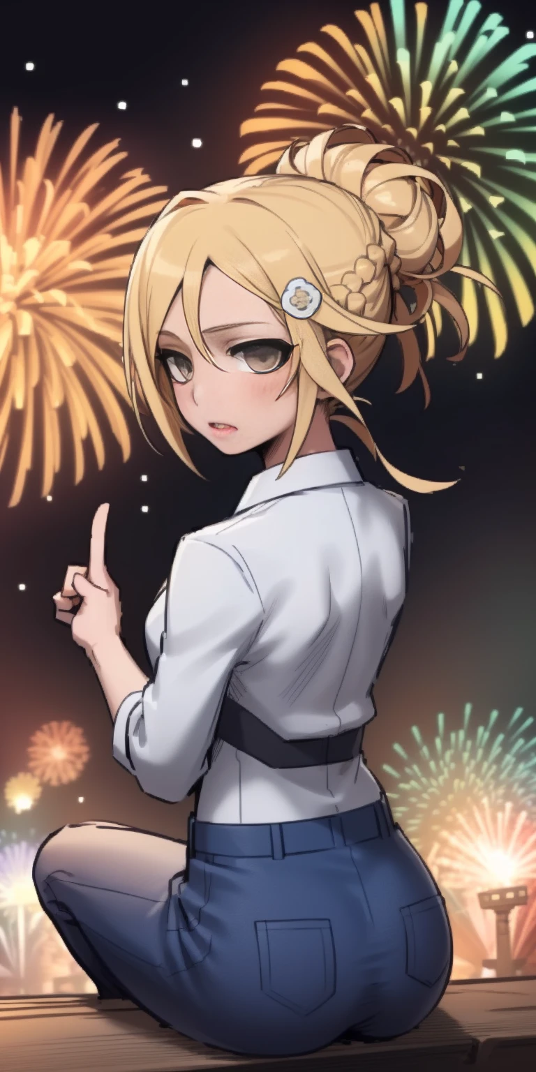 (((masterpiece))), (1girl:1.5), hyper detailed, highres, ((best quality)), (extremely delicate and beautiful), {8k cg wallpaper}, illustration, (blush), (braided ponytail | ponytail | hairbun), (extremely detailed background:1.6), (very long black hair|blonde hair), detailed face, night, festival, (kimono:0.7), outdoors, lantern, (fireworks:1.4), paper lantern, snow, wind, snowflakes, hair ornament, open eyes (blind really white eyes), (from behind:1.3), sitting, river, riverbank, starry sky, (holding hands:0.6), leaning on person, pointing, on heaven