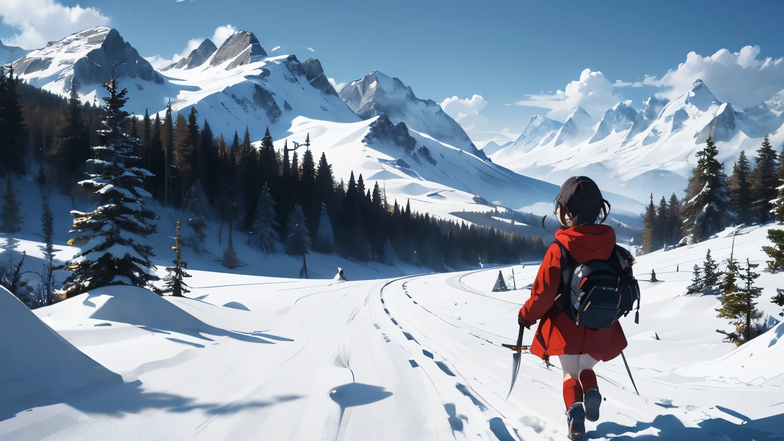 Ten Miles of Hidden Mountains,far high,near low,There is a girl carrying a knife