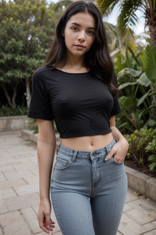 19-year-old girl with waist-length black hair and a face similar to Dasha Taran&#39;s, rostro muy hermoso, ojos hazel, (estatura 1.75), (ropa: blusa negra modesta y unos jeans) foto de cuerpo entero al aire libre en un parque de la cuidad de Villa Clara, en un lugar llamado El Condado, Cuba.