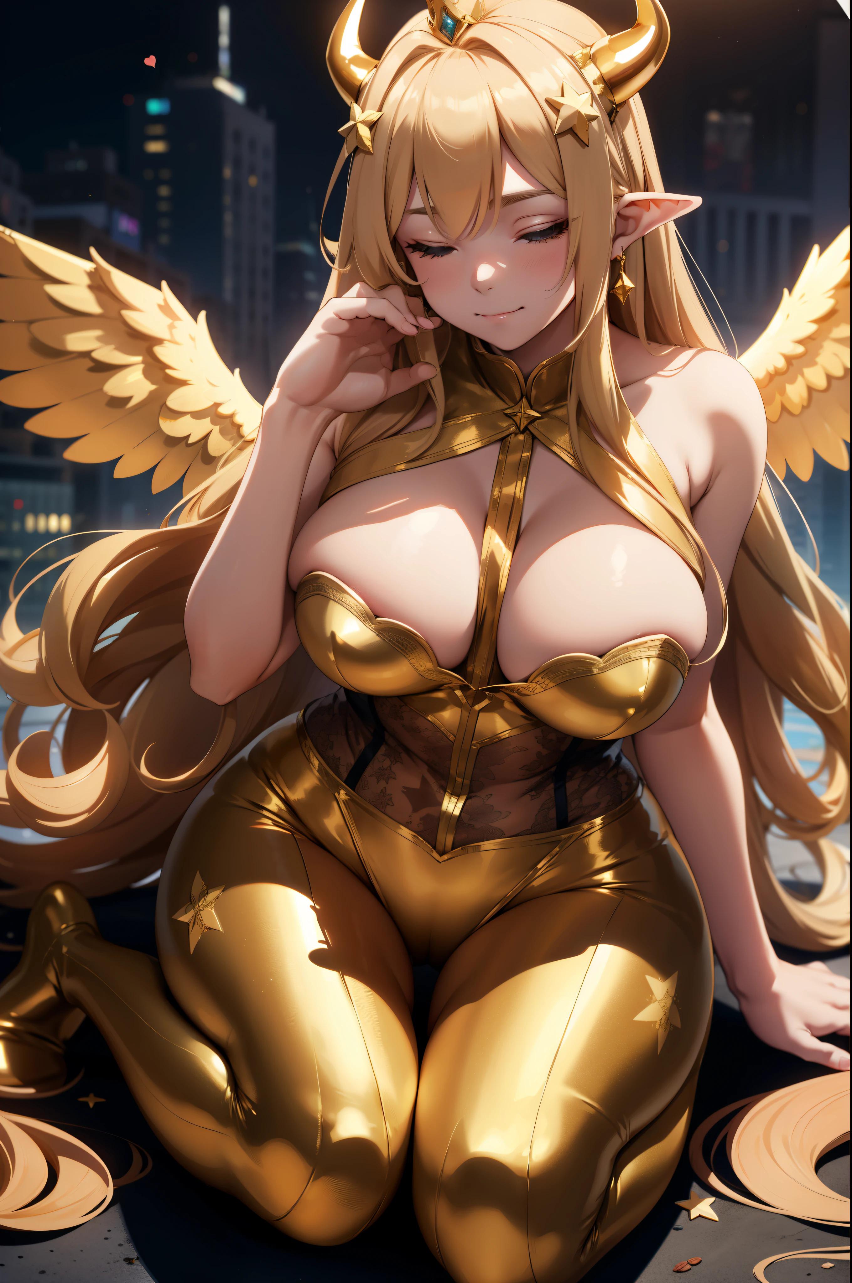 giant girl 50,000 feet high,Weight 1000kg,Have a pair of long legs,Has a pair of huge golden angel wings,With huge devil horns on his head,wear a crown on your head,Elf wearing gold earrings,She has long golden hair that reaches her feet,loose hair,Big blond wavy long curly hair,Bangs,Wearing a pair of golden boots,Gold lace gloves,gold lace pantyhose,Bow and star embellished tights,金色蕾丝whole body,Touch your hair gracefully with your hands,Sit on a tall building,Beautiful appearance,Exquisite makeup,quality,8k,高quality,Perfect proportion, Cinema lighting,film grain,Fuji colors,8k,textured skin,Super details,high detail,high resolution,fake smile,blood stains,脚底有blood stains,whole body,fat,elf princess,feather,flowers