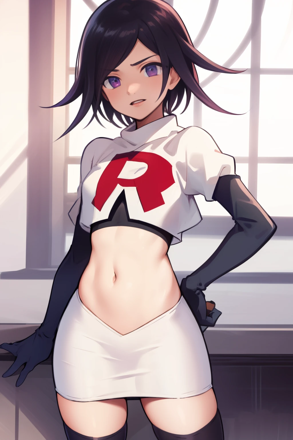 absurdres,(masterpiece, best quality:1.2), cowboy shot, solo, male focus, trap, 1boy, crossdressing,1boy, oma kokichi, team rocket,team rocket uniform,white skirt,red letter R,crop top,black thigh-highs,black elbow gloves,