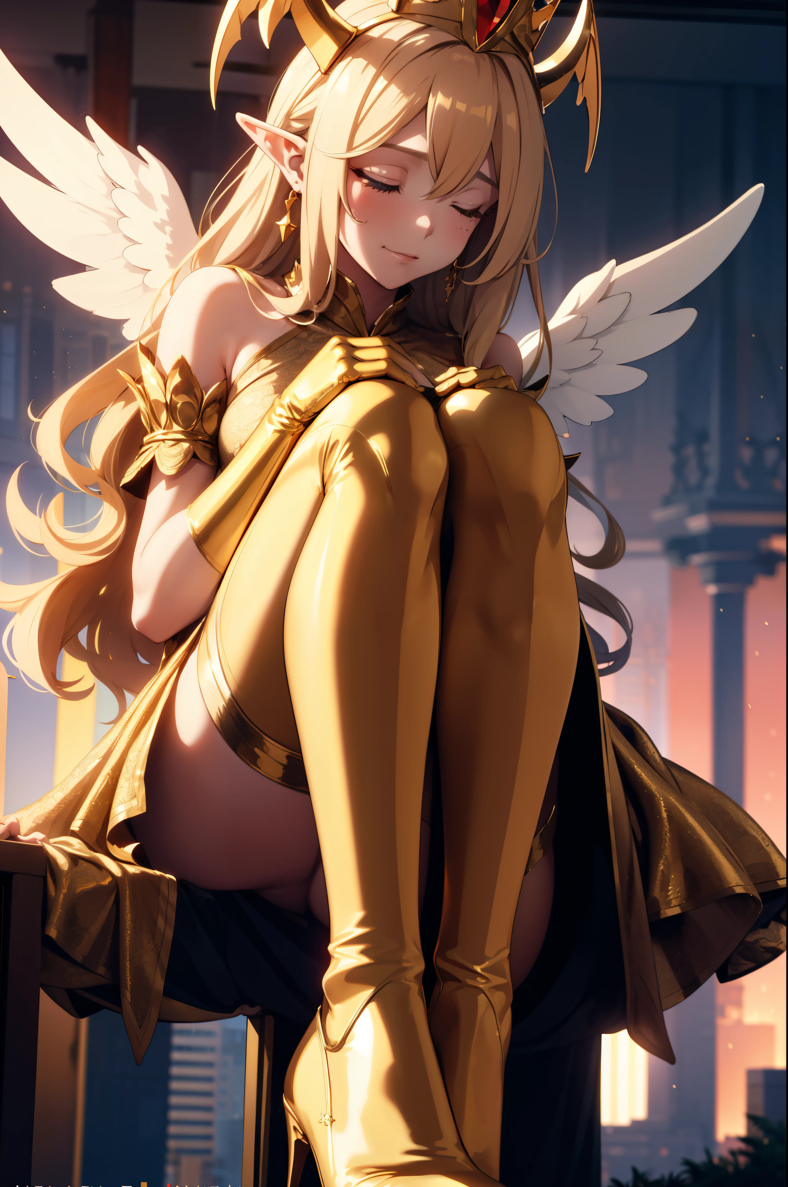 giant girl 50,000 feet high，Weight 1000kg，Have a pair of long legs，Has a pair of huge golden angel wings，With huge devil horns on his head，wear a crown on your head，Elf wearing gold earrings，She has long golden hair that reaches her feet，loose hair，Big blond wavy long curly hair，Bangs，Wearing a pair of golden boots，Gold lace gloves，gold lace pantyhose，Bow and star embellished tights，金色蕾丝whole body，Touch your hair gracefully with your hands，Sit on a tall building，Beautiful appearance，Exquisite makeup，quality，8k，高quality，Perfect proportion, Cinema lighting，film grain，Fuji colors，8k，textured skin，Super details，high detail，high resolution，fake smile，blood stains，脚底有blood stains，whole body，fat，elf princess，feather，flowers
