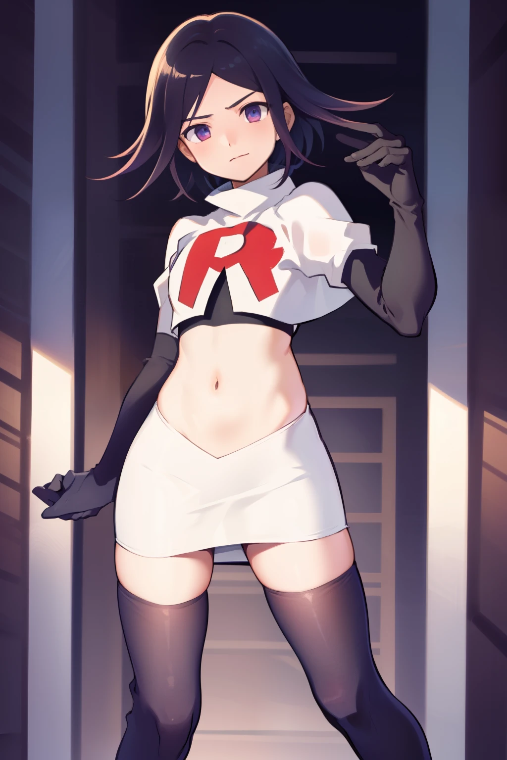 absurdres,(masterpiece, best quality:1.2), cowboy shot, solo, male focus, trap, 1boy, crossdressing,1boy, oma kokichi, team rocket,team rocket uniform,white skirt,red letter R,crop top,black thigh-highs,black elbow gloves,