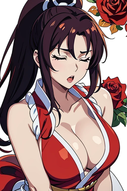 masterpiece, high resolution, best quality, 1 woman, solo, Mai Shiranui, big breasted, cleavage, red Japanese clothes, sexy outfit, alluring body, she has a red rose in her cleavage, looking at it, the rose is between her breasts, making her to moan passionately, closed eyes, close up on her cleavage with the rose 