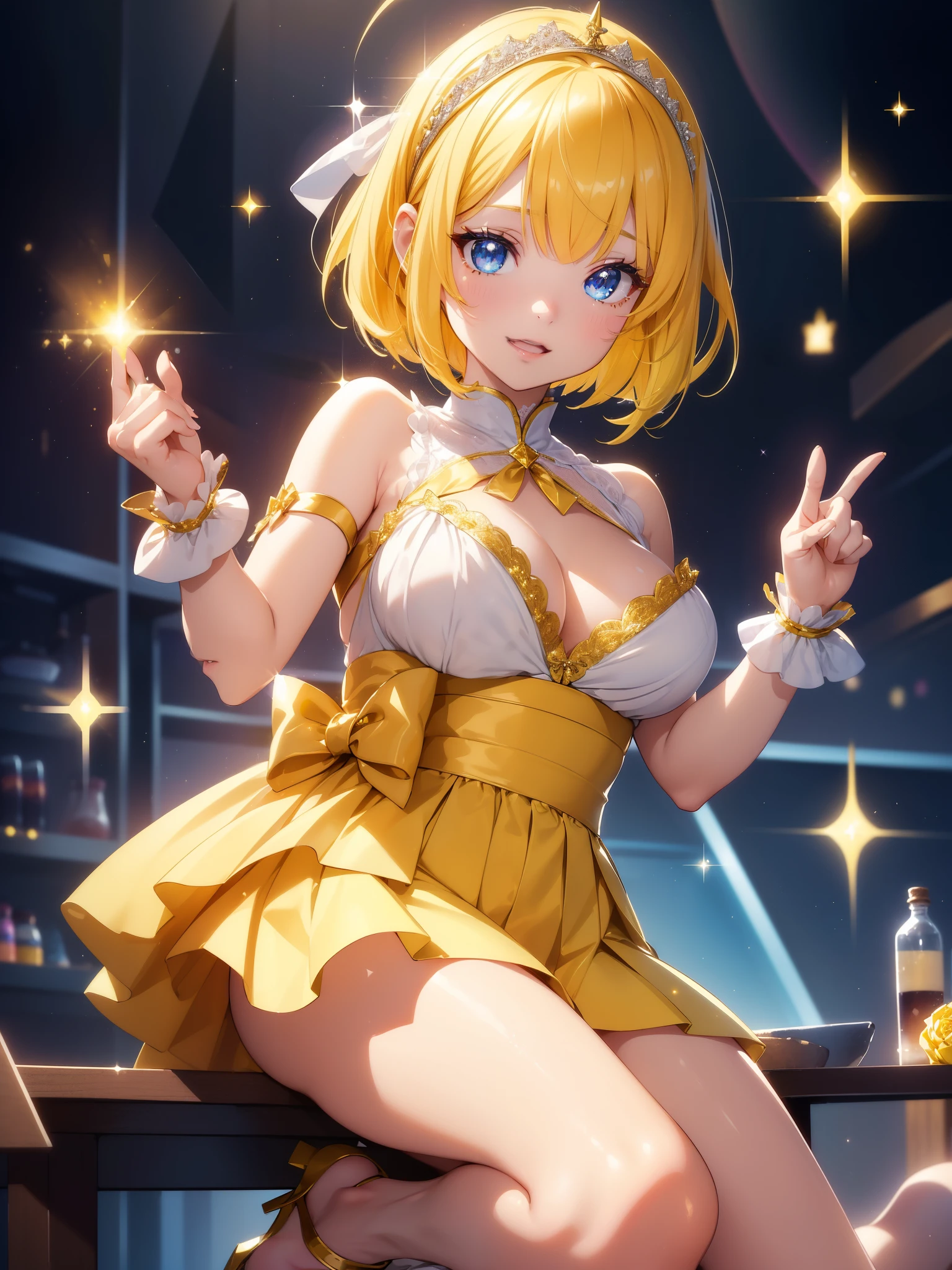 table top, High resolution, 8K, anime woman, delicate and detailed writing 、detailed digital illustration、short hair、perm、bob cut、shiny hair、bangs、very beautiful woman、eyes are double, big, Bust is D cup、high resolution, high quality、detailed background、(((Idolの服を着て)))、((Sparklinging live stage backdrop))、The inside of your eyes shine like diamonds、bright yellow hair、gradient pupil、(((2 arms、4 fingers, 1 thumb)))、detailed woman's face、She is a very beautiful and cute woman、、detailed background、masterpiece、soft focus , bright gradient watercolor , Lens flare , (((Sparkling))) , shine , dream-like , (((Sparklingマイクを手に持つ)))、mini skirt、Idol、yellow ribbon、Very beautiful yellow rose hair accessory、Yellow and gold costume with white as the main color、((throw))、Sparkling Cat Ear Headband、((foot pose)、lively girl、open your mouth and laugh