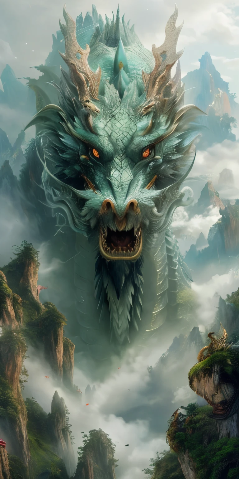 there is a large dragon with a long face in the sky, cyan chinese dragon fantasy, chinese dragon concept art, detailed fantasy digital art, 4k highly detailed digital art, highly detailed fantasy art, dragon portrait, chinese fantasy, 4k fantasy art, epic fantasy digital art, dragon face, majestic japanese dragon, highly detailed digital art, detailed fantasy art, dragon art