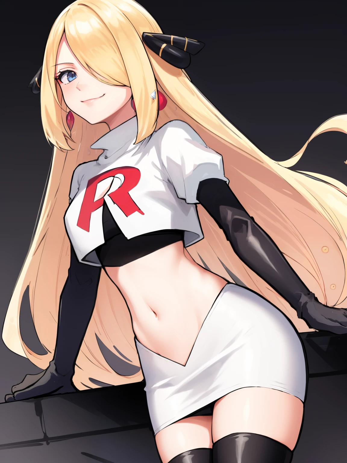 cynthia (pokemon), 1girl, solo ,blonde hair, blue eyes ,hair covering one eye, hair ornament ,glossy lips, earings ,team rocket uniform, red letter R, white skirt,white crop top,black thigh-high boots, black elbow gloves, closed mouth, evil smile, 