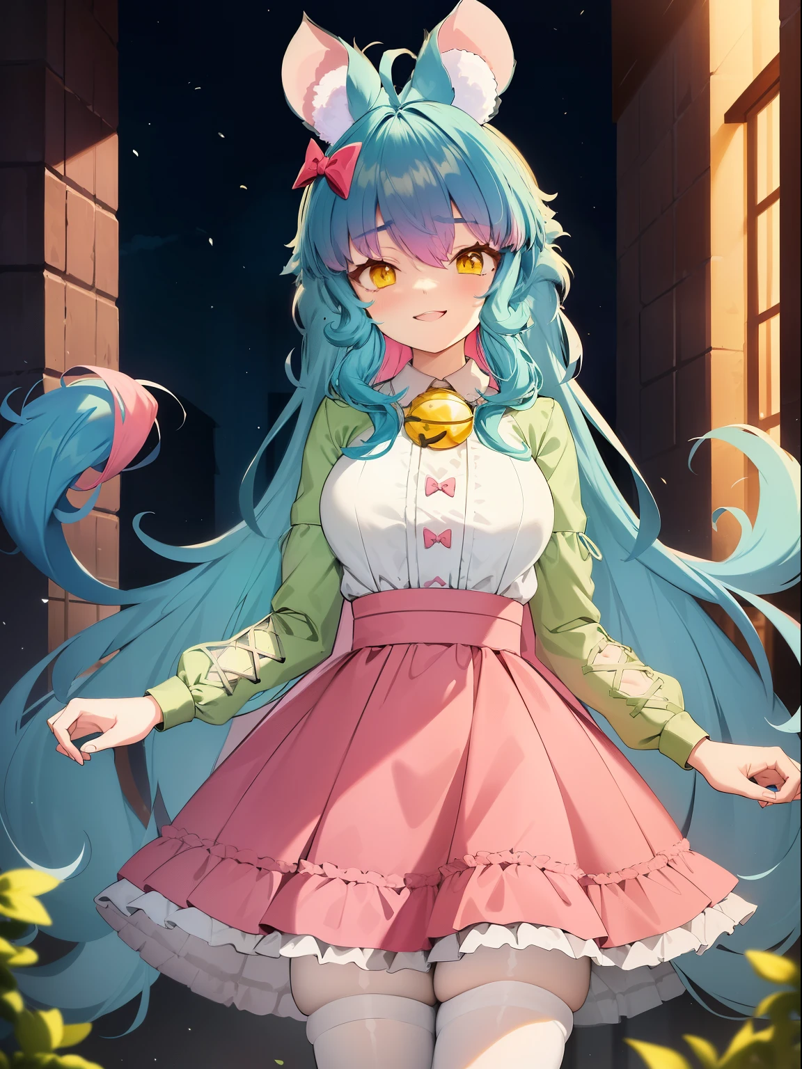 2D, Masterpiece, Best quality, anime, Highly detailed face, highly details eye, highly detailed back ground, Perfect lighting, chess, Virtual YouTuber, 1girll, Yellow eyes, Long hair, Blue hair, multicolored hair, Pink hair, bangs, ahoge, Say goodbye to hair accessories, Hairstyles, Mouse ears, mouse tail, Mouse Girl, Breasts, Medium breasts, bow, puffy long sleeves, (Pink skirt:1.2), (high waisted skirt:1.2), Neckbells, (White shirt:1.2), Green sleeves, (Pantyhose:1.2), (White pantyhose:1.2), (Top Teeth), window, Indoors, Smile, arms back behind, (Long skirt),