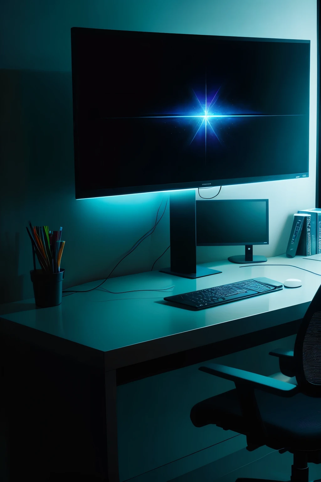 A realistic depiction of a modern scene: A sleek computer setup with a high-definition TV serving as a monitor, impressive and vivid colors, ultra-detailed resolution, sharpen focus, cinematic lighting, glowing pixels, S2 size, crisp and clear image, exuding an aura of sophistication and efficiency.