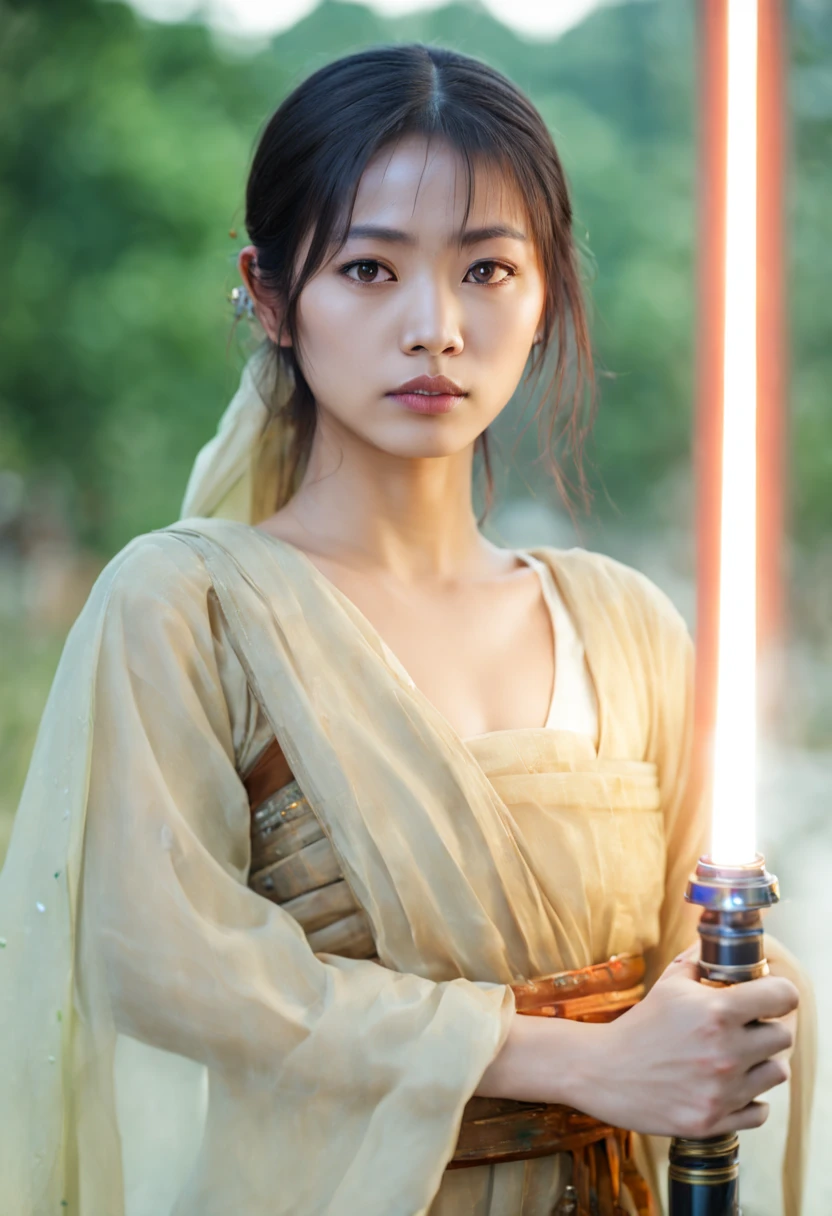 A photo of burmese woman, wearing burmese traditional cloth, looking at viewer,holding a lightsaber, jedi robes, bagan temple background, 8k,high quality,Star Wars,