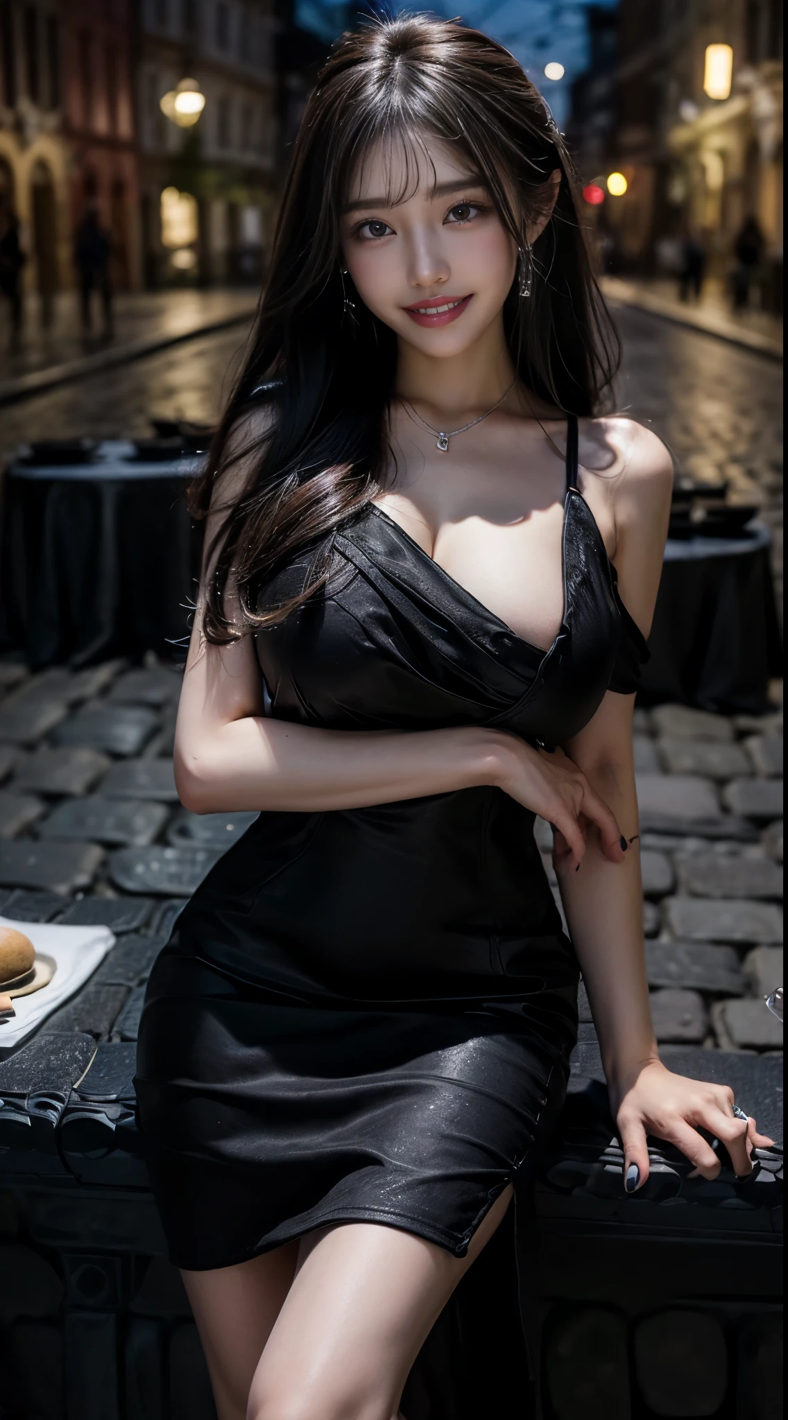 High resolution、High level image quality、8K、real live action、(((table top:1.4, highest quality:1.4)))、Physically based rendering, portrait, super beautiful sexy woman, 18-year-old, detailed big eyes, fine thin eyebrows, eye highlights, Half Up Dark Brown Hair, Highly detailed face and skin texture, sharp focus, clear focus:1.2, Slender beauty:1.4, ((big breasts:1.5)), slim abs, oval face, lip gloss, clear facial features, gentle smile, Are standing、(((tight black lame dress)))、Lifting the dress yourself, bare shoulders, No shoulder strap, No sleeve, No arm cover, ((Cobblestone streets of European streets at night:1.4)), Warm street lamps,(((Beautiful alignment and white teeth)))、sparkling eyes、sparkling eyes、lip glossで艶やかな唇に、black bikini