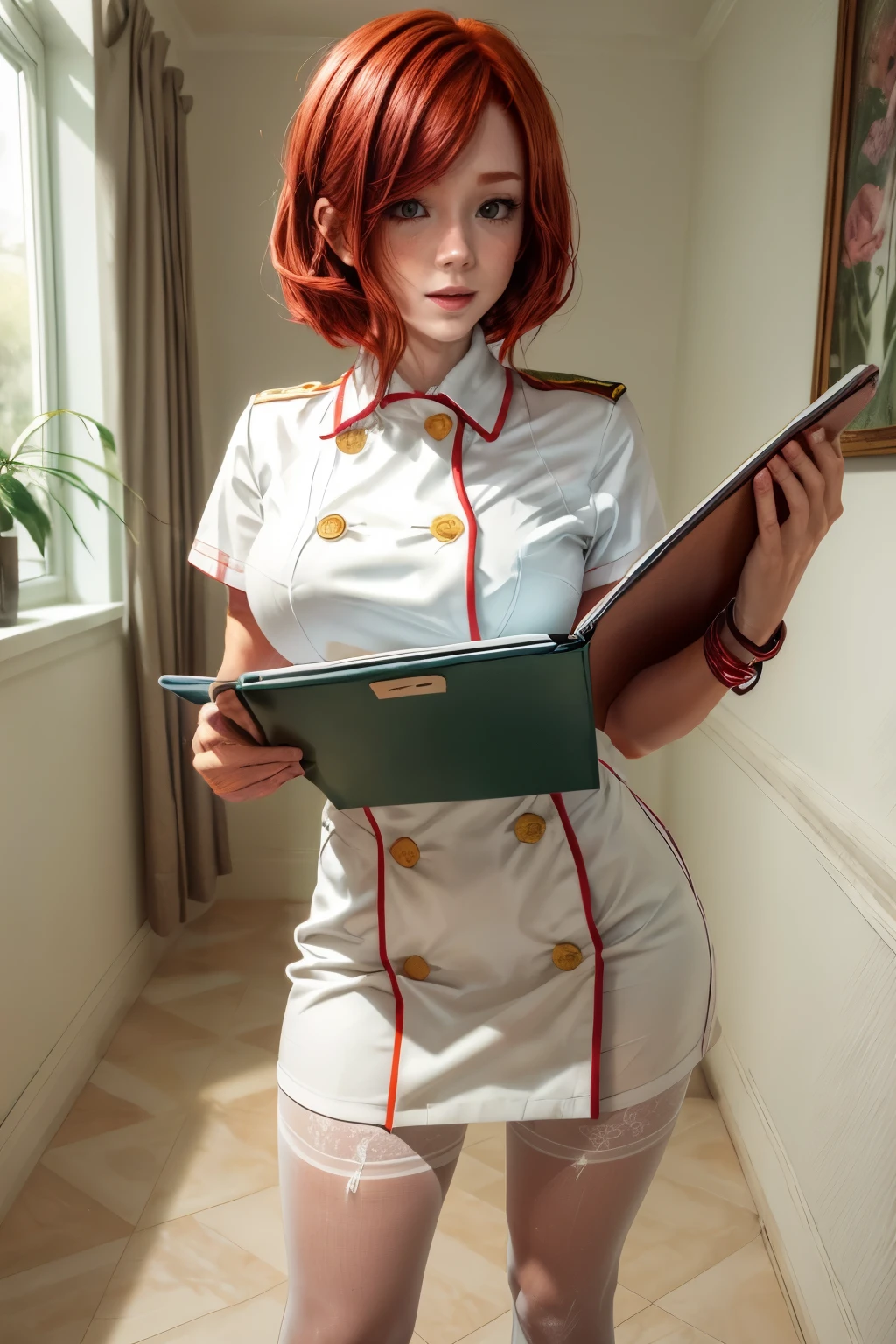 chris, 25 years old, (Redhead shortcuts:1.5), yellow nurse's uniform, white pantyhose, having clipboard tall, beautiful woman, giga_bustychris、25 years old, Redhead shortcuts, white nurse's uniform, white pantyhose, having clipboard tall, beautiful woman, giga_busty