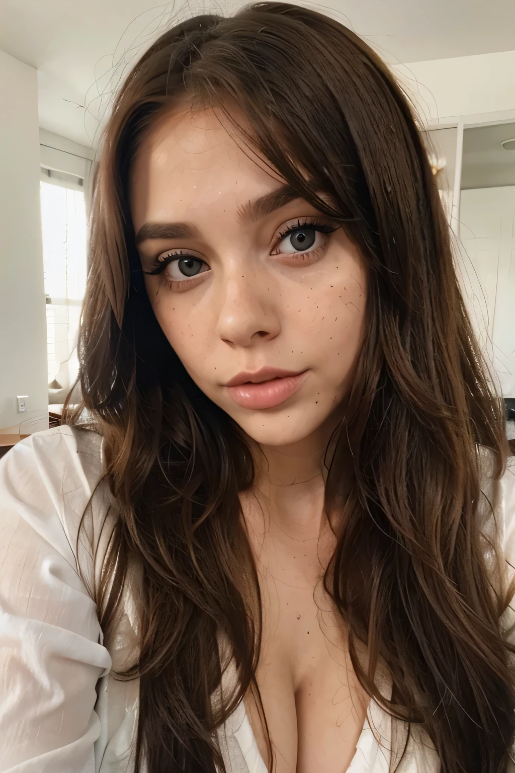 a unique sexy and beautiful white young with 20 years with brown long and courly hair, big eyes big lips and whith freckles skini