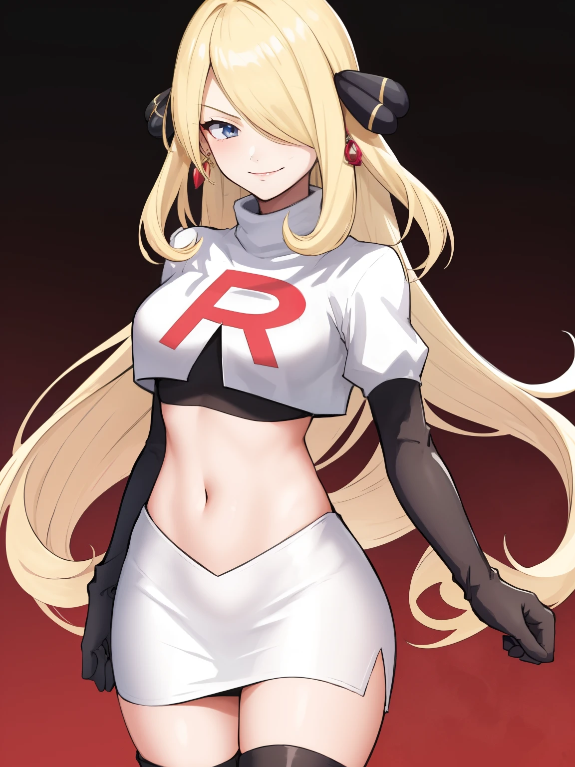 cynthia (pokemon), 1girl, solo ,blonde hair, blue eyes ,hair covering one eye, hair ornament ,glossy lips, earings ,team rocket uniform, red letter R, white skirt,white crop top,black thigh-high boots, black elbow gloves, closed mouth, evil smile, 