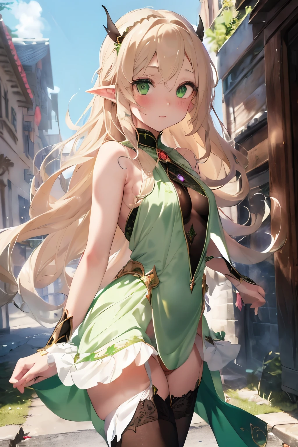 (Long-eared elves:1.3),(blonde:1.25),(long wavy hair:1.3),(green eyes:1.25),(eye size:1.6),(Clear, emerald-like eyes:1.2),(With bangs),(Cream-colored innerwear that shows the skin:1.3),(Innerwear that clearly shows your body line:1.3),(Green dress that changes at the chest:1.4),(black stockings:1.35),(A red gem like a pebble on the forehead:1.35),(A luxuriously decorated long sword:1.45),(Fantasy world:1.35),(There are a lot of undead enemies around.:1.25),(Fighting with splendid movements:1.45),(beautiful body form:1.4),(Active and fantastic movement:1.5),(blush:1.2),