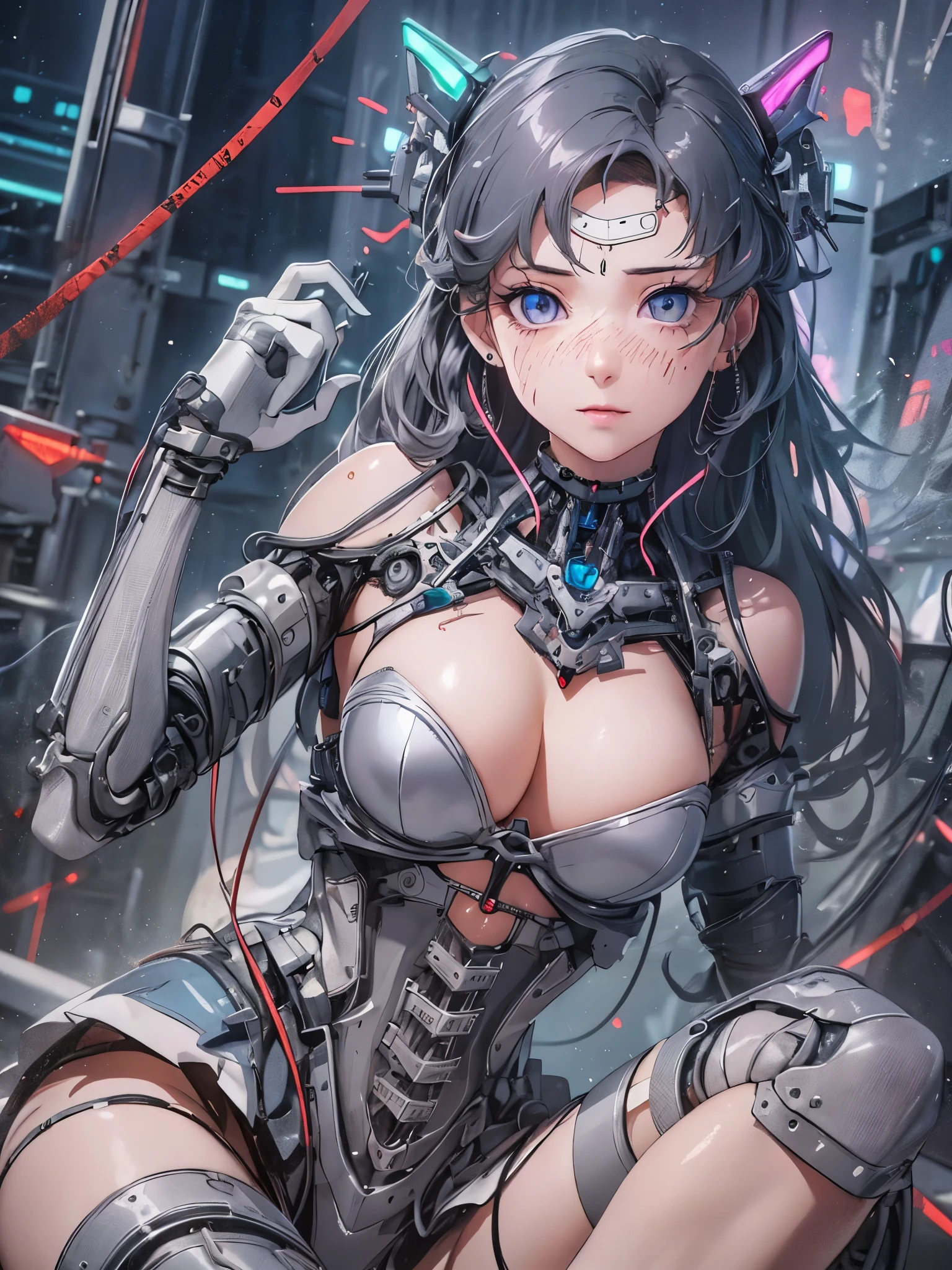 highest quality、masterpiece、Super high resolution、(Photoreal:1.4)、RAW photo、1 girl、black hair、glowing skin、1 Mechanical Girl、((Super realistic details))、Portrait、global illumination、Shadow、octane rendering、8K、super sharp、huge tit、The bare skin of the cleavage is exposed、Metal、intricate decorative details、gothic details、analog meter、Equipment wheel、Equipment、screw、golden hydraulic cylinder、very intricate details、realistic light、CG Society Trends、purple eyes、shining eyes、towards the camera、neon details、mechanical limbs、blood vessels connected to tubes、mechanical vertebrae attached to the back、cervical vertebrae mechanically attached to the neck、sit on top、Wires and cables connecting to the head、small led lamp、