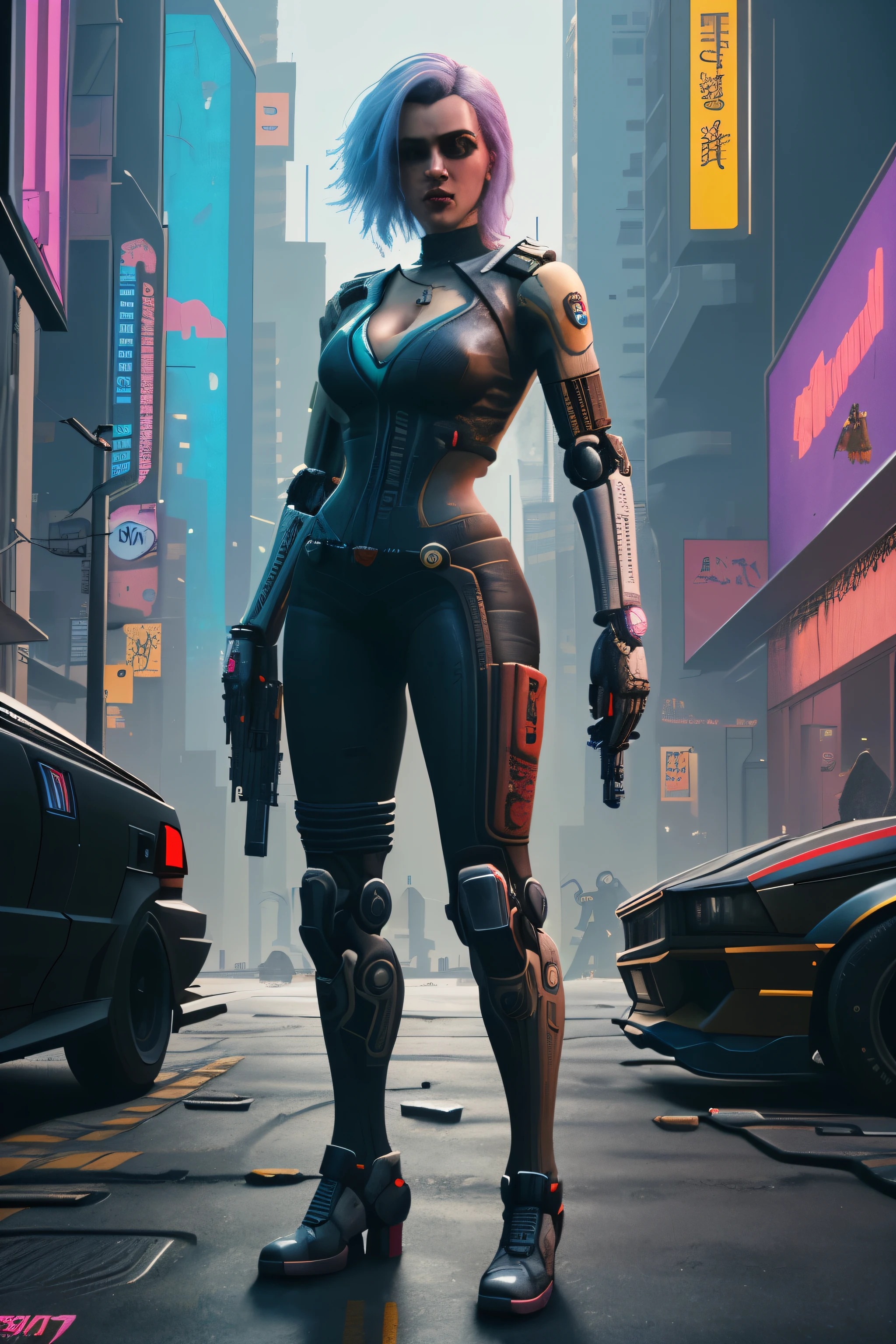 Cyberpunk 2077, Frau, knallhart, with a sniper rifle, Ultra 4K, Cyberpunk city, skyline violette haare, Full body visible, Shoot a robot