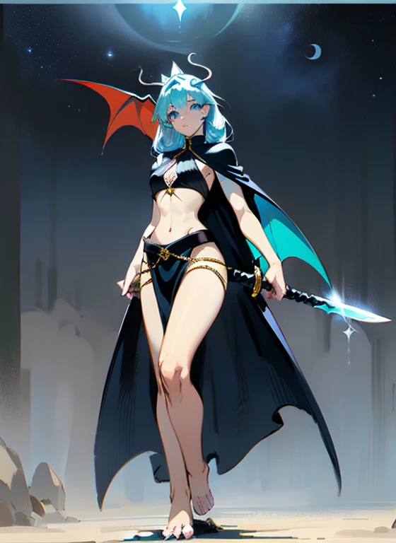 Create high definition 5K 2.5D CGI fantasy artwork featuring a girl dragon. The girl should be depicted in a frontal pose with a serious expression, Bright blue eyes, highly detailed facial features. she is wearing a cloak, Small black armor with high contrast shine, toned abdominal muscles、toned thighs、long legs、Protected by armor from the toes to the knees、her hair needs to be rendered in a very realistic way. In the background is a ruined castle, Set against a night sky filled with bright stars. Enhance fantasy elements、The giant dragon has large wings.。((The background of the princess is a dragon, castle, and starry sky.))、(((The princess holds a strong, shining, transparent crystal sword in her hand.)、the princess has a dragon at her side))、
moreover, This artwork should embody the detailed anime art style, Similar to Artgerm&#39;s ArtStation and Pixiv works. A girl should be depicted as a dragon queen in an anime fantasy world, Combines elements of both anime and fantasy art, Big blue eyes、