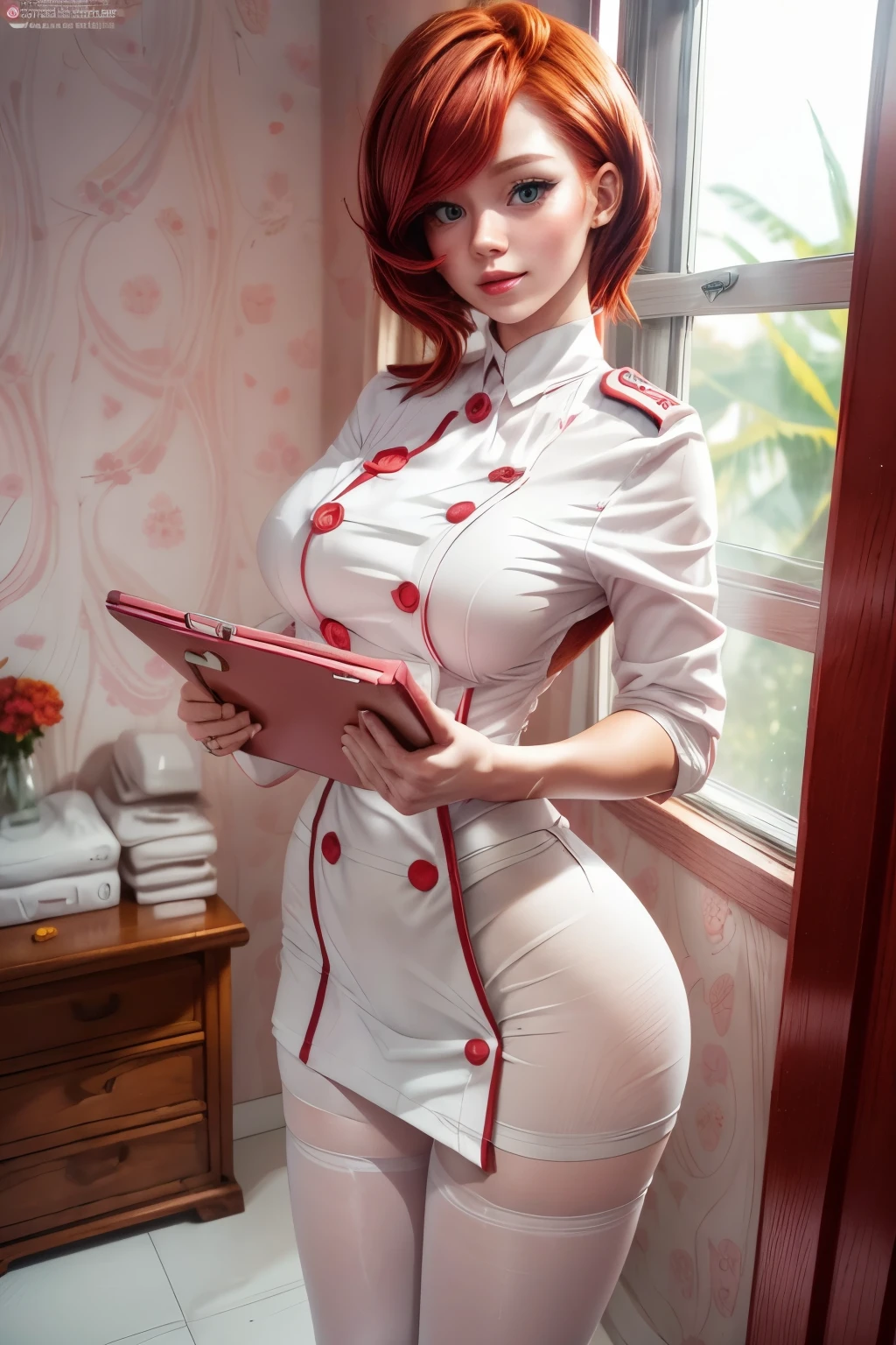 chris, 25 years old, (Redhead shortcuts:1.5), pink nurse's uniform, white pantyhose, having clipboard tall, beautiful woman, giga_bustychris、25 years old, Redhead shortcuts, white nurse's uniform, white pantyhose, having clipboard tall, beautiful woman, giga_busty