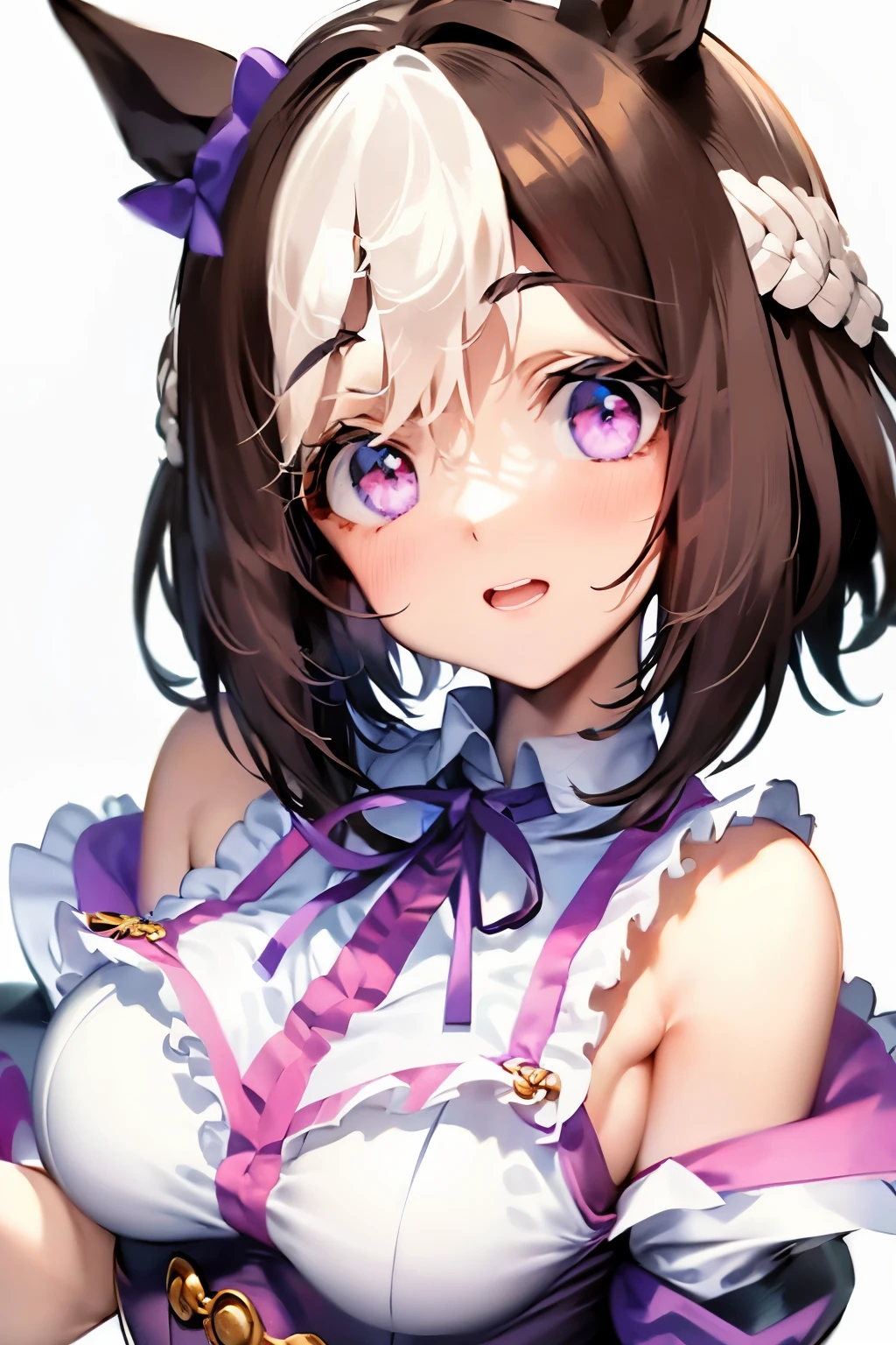 special_week_\(Umamusume)、bow ribbon、bow ribbon、bow ribbon、corsets、Fluffy breasts、nursing、toppless、teats、The upper part of the body、(Refers to the viewer:1.3)、Happiness、(White background:1.5)、(front-facing view:1.3)