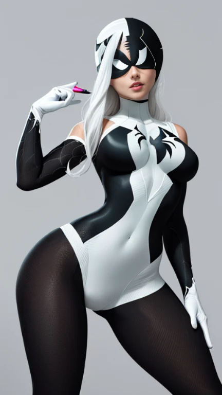 (obra de arte), (melhor qualidade), high resolution, Kei1, 1 garota, Sozinho, olhos azuis, Cabelo longo, (((wears black detailed female Spider-Gwen costume without mask)))), fita em forma de teia de aranha, franja, Cabelo longo and price, clavicle, cabelo grisalho, faixa de cabelo preto, neck ribbon, cabelo entre os olhos, Medium sized breasts, tiro de vaqueiro, sorriso, ((Anatomically correct detailed body with error-free detailed hands)),  ((Ela tem pose de batalha)), (She&#39;s shooting cobwebs like Spider-Man, mas com gelo afiado), (Detailed full scenario) just with the mask on my face covering my eyes 