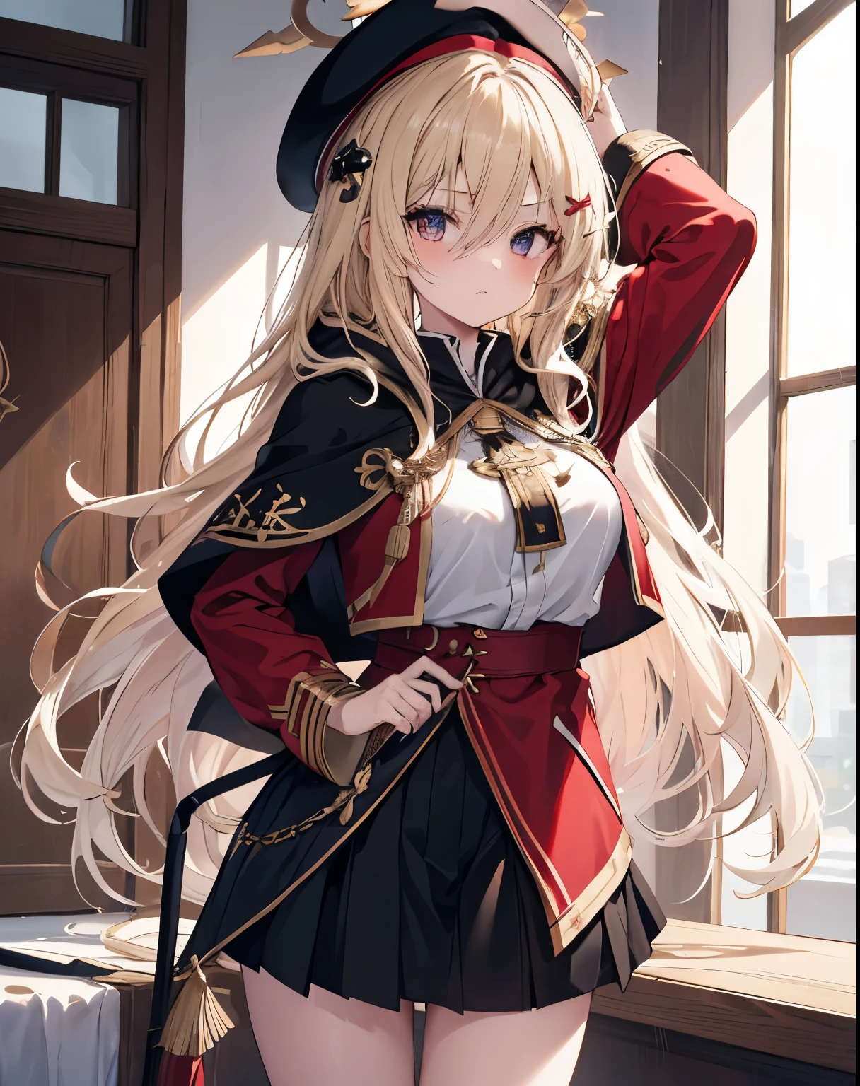 masterpiece,1girl, sparrow, a blonde haired girl, wearing a red military uniform, curly medium hair, messy hair, black skirt, slim body, she have a handycam, medium breasts, she close her left eye, shirt ornament, ppai, black beret, angry, beautiful breasts, rounded breasts, crimson eyes, break halo, braid hair, pleated skirt