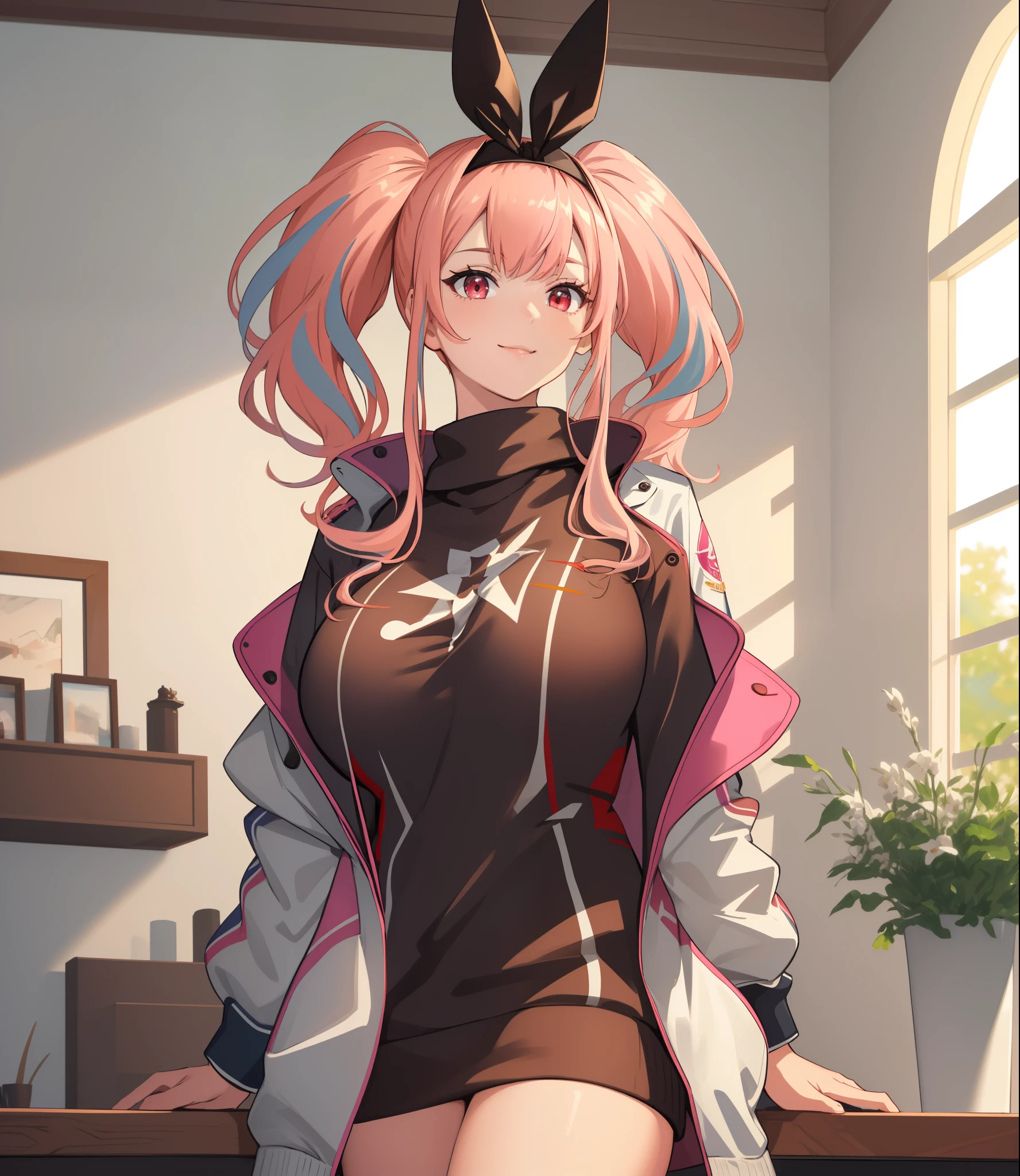 (extremely detailed CG unity 8k wallpaper), (((masterpiece))), (((best quality))), ((ultra-detailed)), (((illustration))), (best shadow), ((an extremely delicate and beautiful)), (detailed light), (well designed face), amazing face, (super detailed), cinematic shot, beautiful detailed eyes, detailed background, 1girl, ((pink hair)), multicolored hair, ((red eyes)), ((short twintails)), (headband), huge breasts, firts rate breasts, first rate female bodies, (sweater), white jacket, open jacket, upper body, living room, interior design, bewitching thighs, smile, cowboy shot,