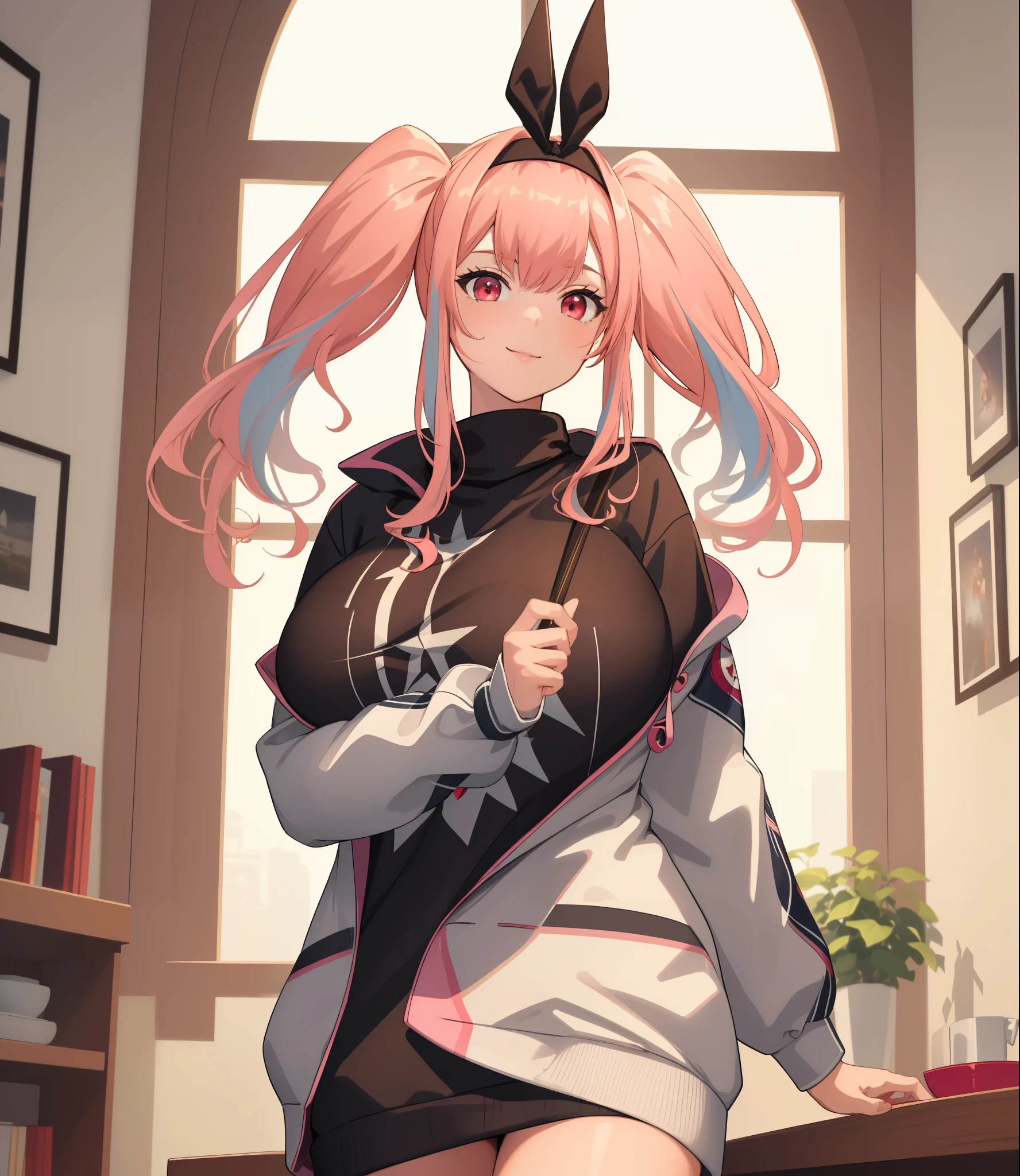 (extremely detailed CG unity 8k wallpaper), (((masterpiece))), (((best quality))), ((ultra-detailed)), (((illustration))), (best shadow), ((an extremely delicate and beautiful)), (detailed light), (well designed face), amazing face, (super detailed), cinematic shot, beautiful detailed eyes, detailed background, 1girl, ((pink hair)), multicolored hair, ((red eyes)), ((short twintails)), (headband), huge breasts, firts rate breasts, first rate female bodies, (sweater), white jacket, open jacket, upper body, living room, interior design, bewitching thighs, smile, cowboy shot,