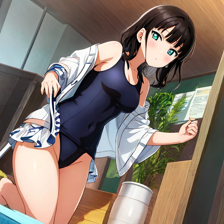 best quality, very aesthetic, Super detailed, best illustration, 1girl, おっぱい, black_hair, one-piece swimsuit, 椅子に座る